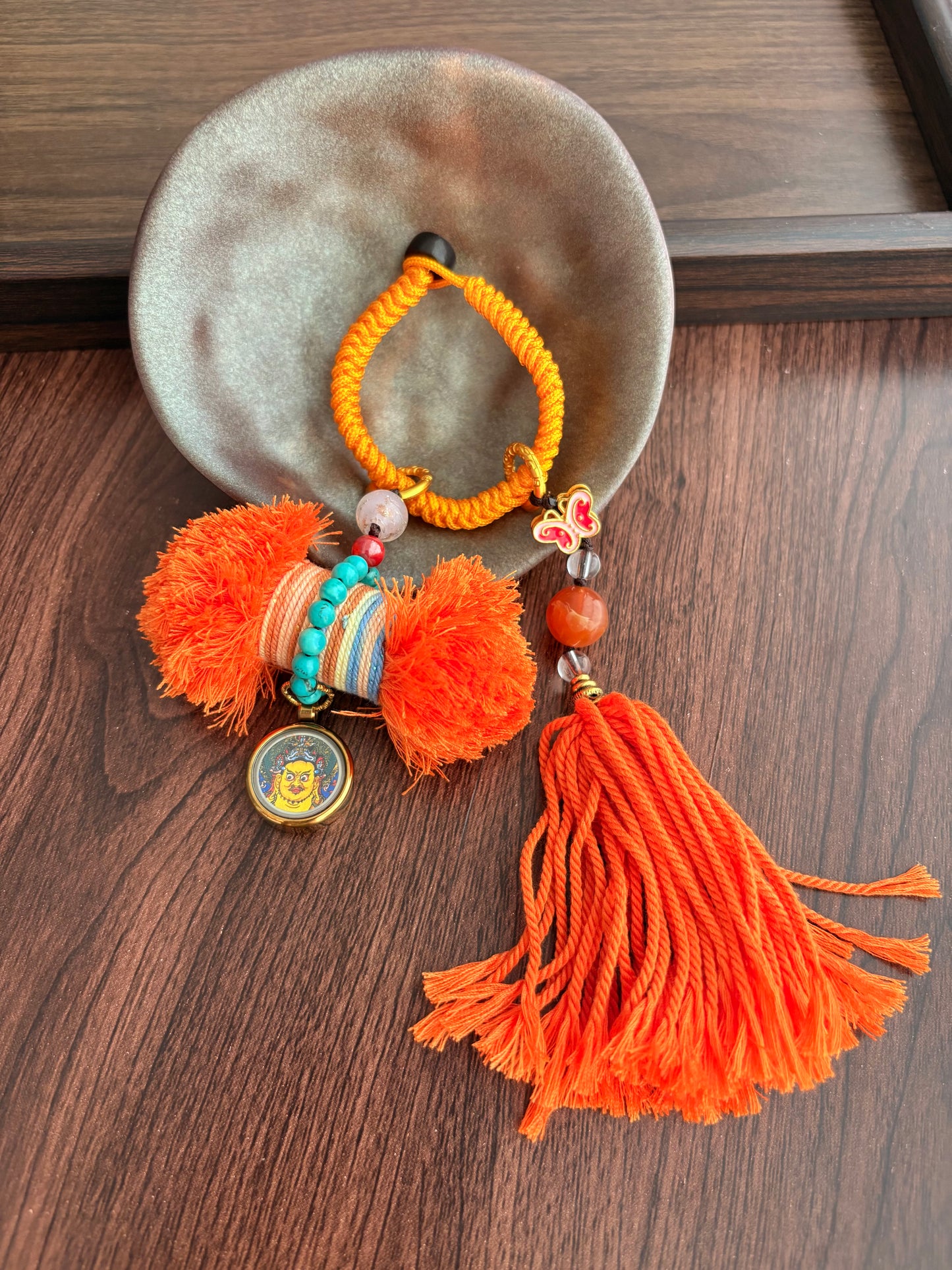 Damaru Charm with Yellow Jambhala Thangka in Tibetan Orange