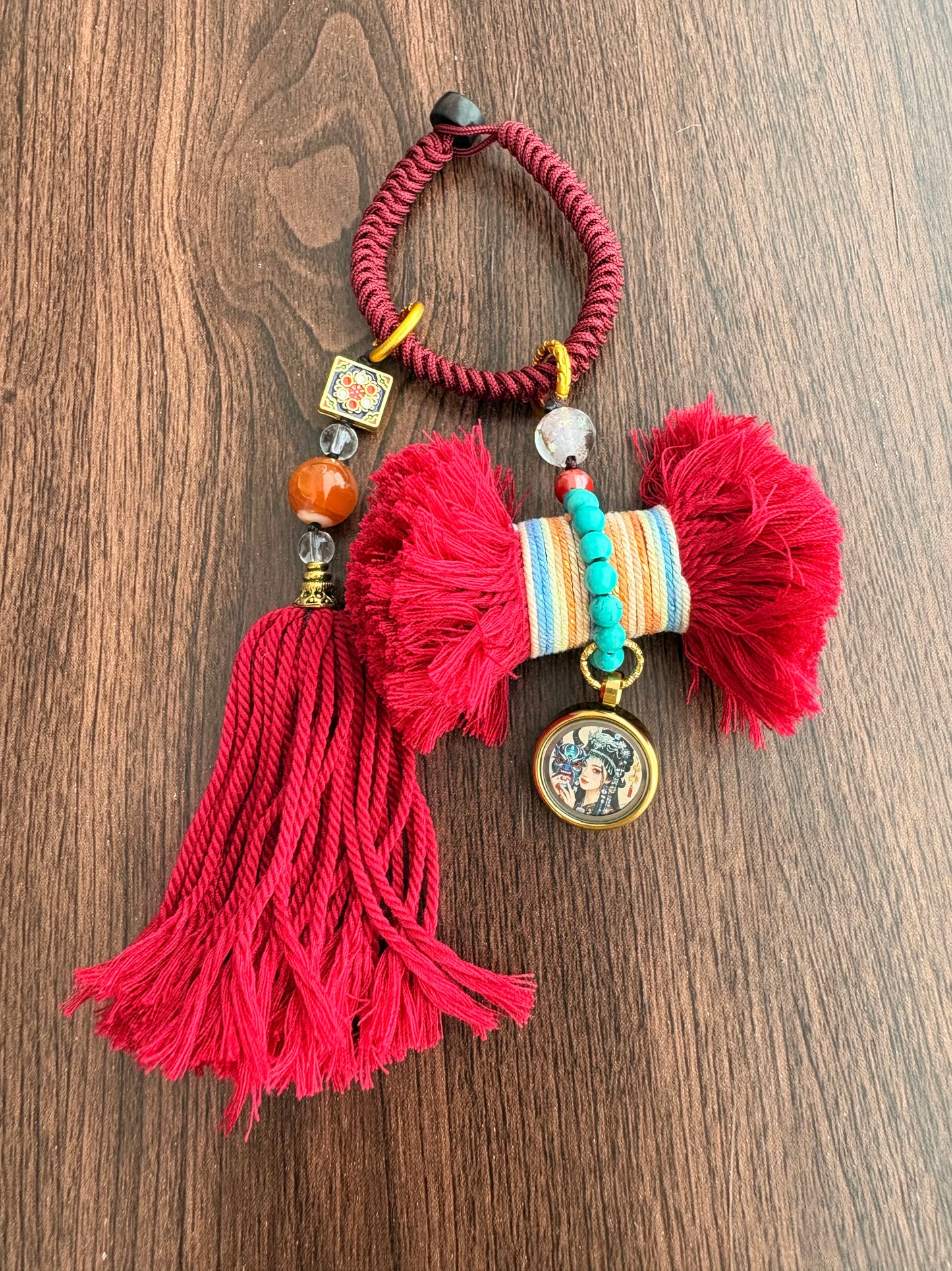 Damaru Charm with Zaki Lhamo Thangka in Tibetan Red