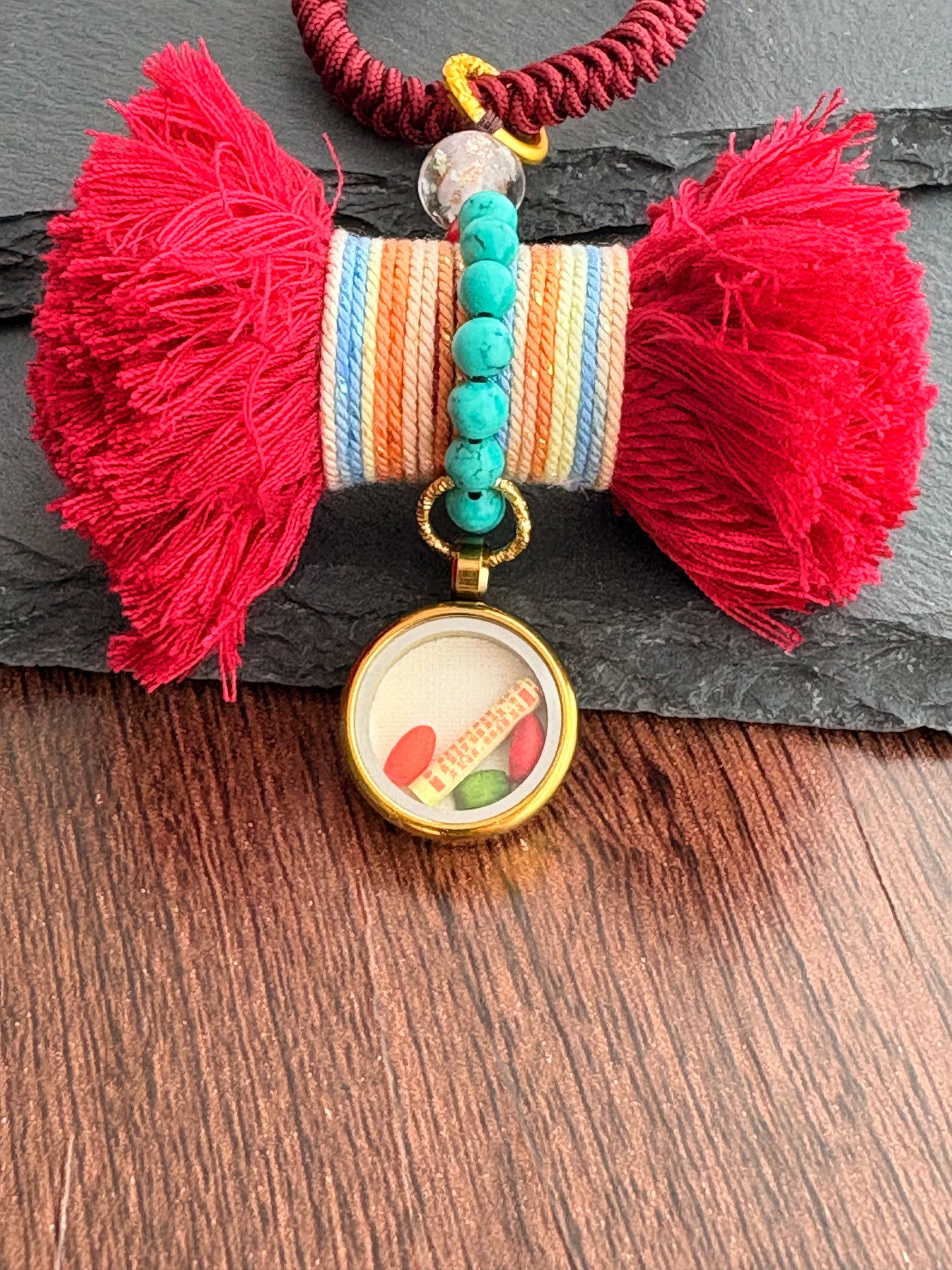 Damaru Charm with Zaki Lhamo Thangka in Tibetan Red