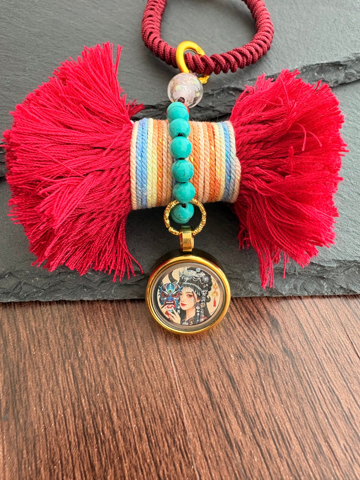 Damaru Charm with Zaki Lhamo Thangka in Tibetan Red