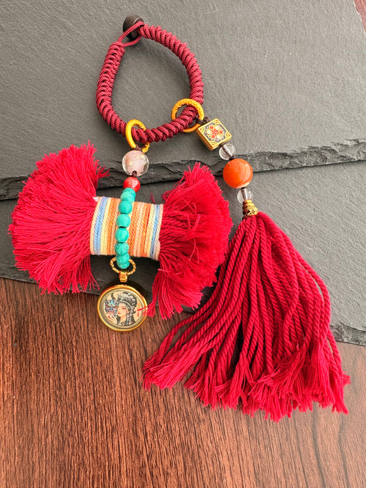 Damaru Charm with Zaki Lhamo Thangka in Tibetan Red