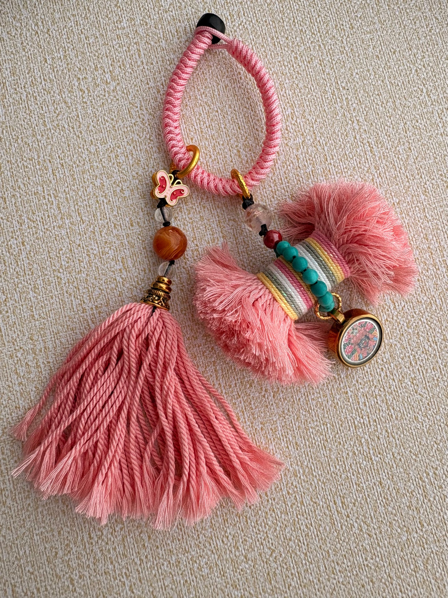 Damaru Charm with Zaki Lhamo Thangka in Tibetan Pink
