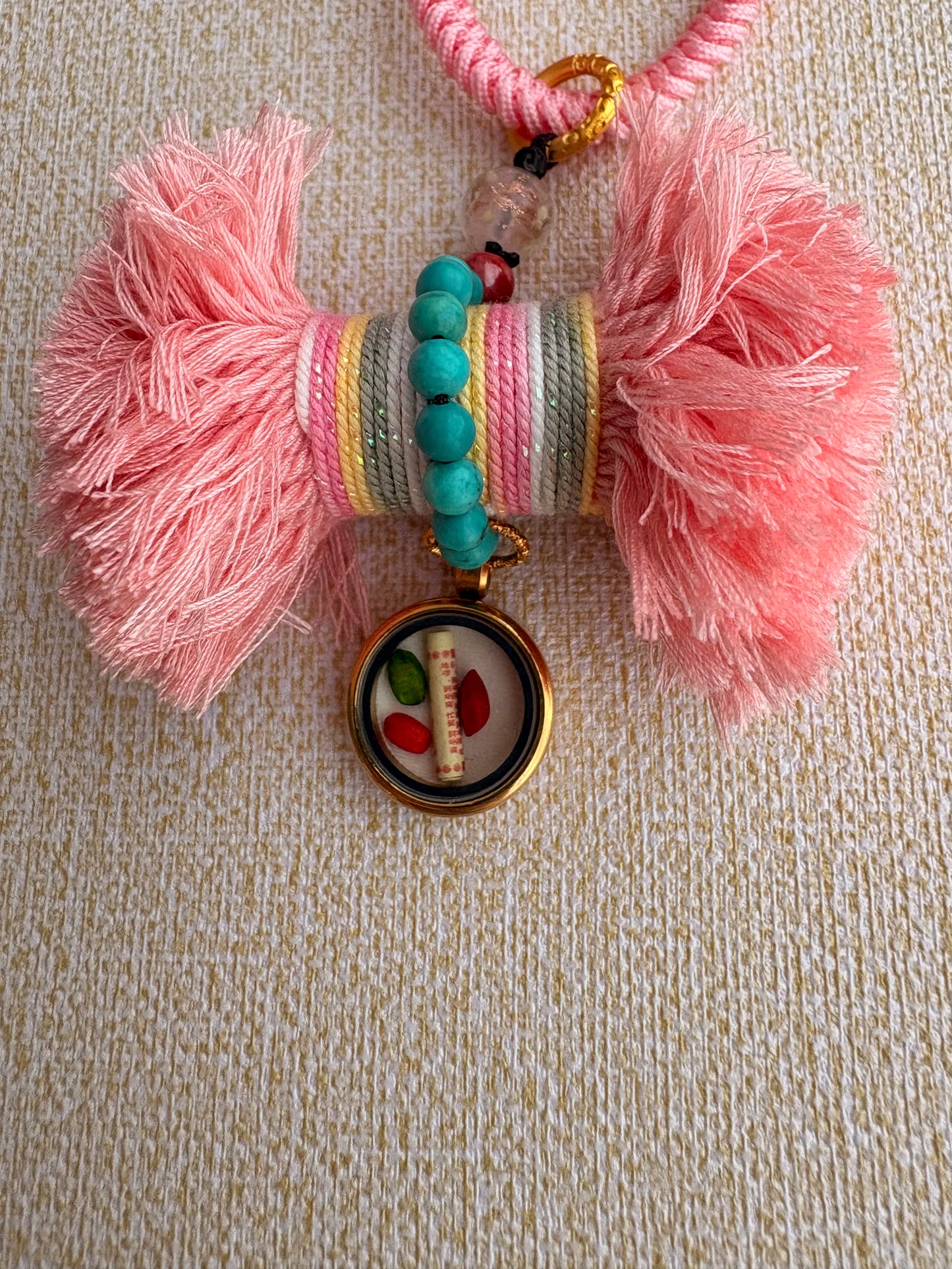 Damaru Charm with Zaki Lhamo Thangka in Tibetan Pink