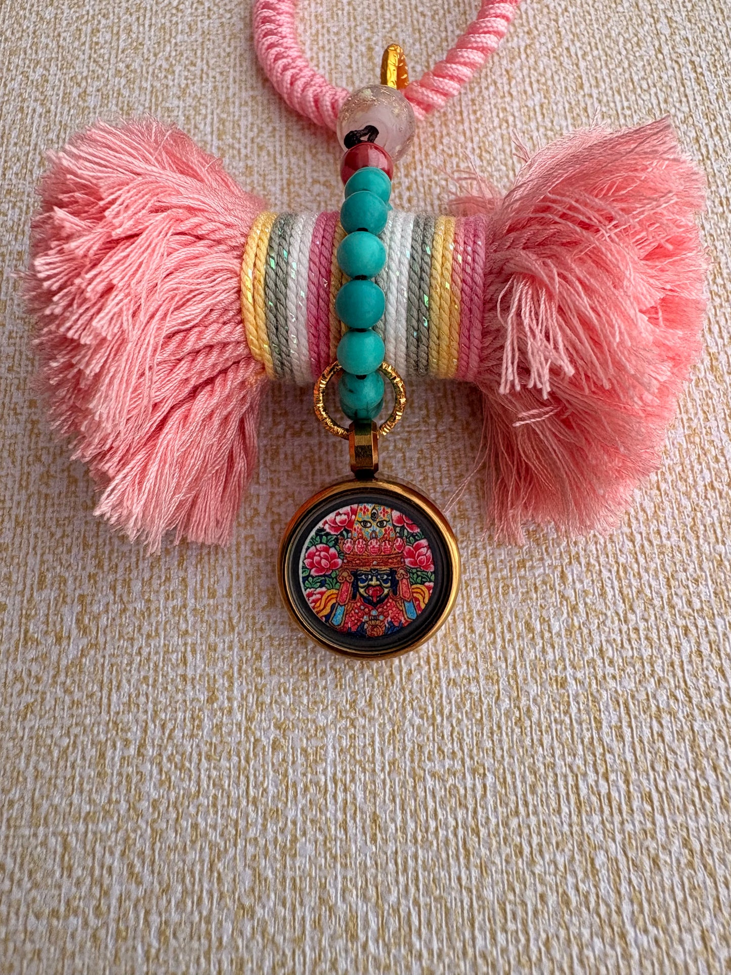 Damaru Charm with Zaki Lhamo Thangka in Tibetan Pink