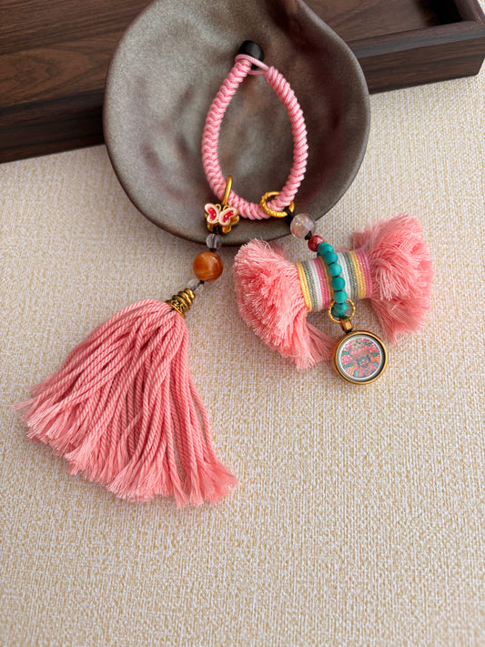 Damaru Charm with Zaki Lhamo Thangka in Tibetan Pink