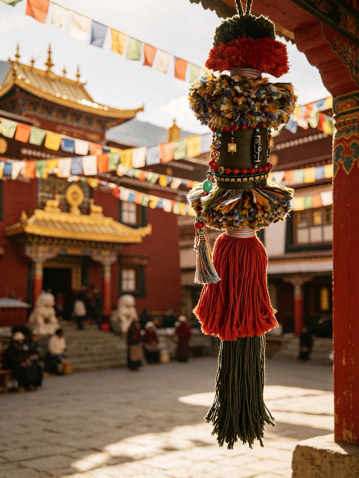 Tibetan Large-sized Victory Banner Auspicious Tassel Ornament with Dzi Beads and Zhibazha charm