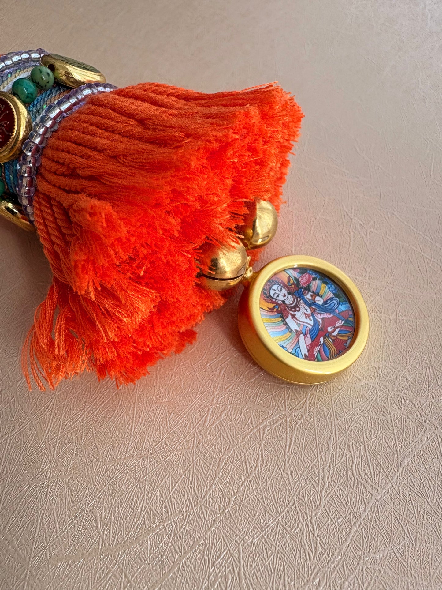 Ghanta Charm with White Tara Thangka in Tibetan Orange