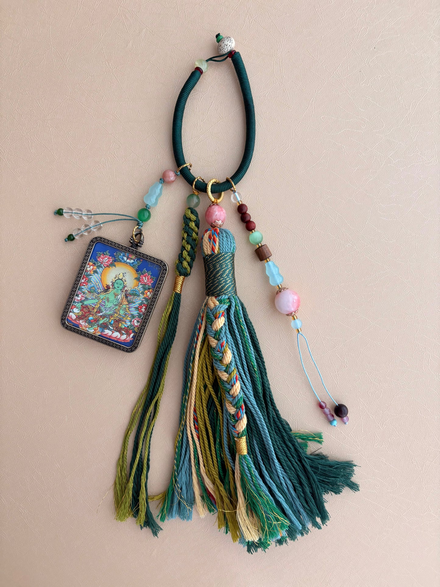 Green Tara Thangka Charm with jade Tassel in Tibetan Green