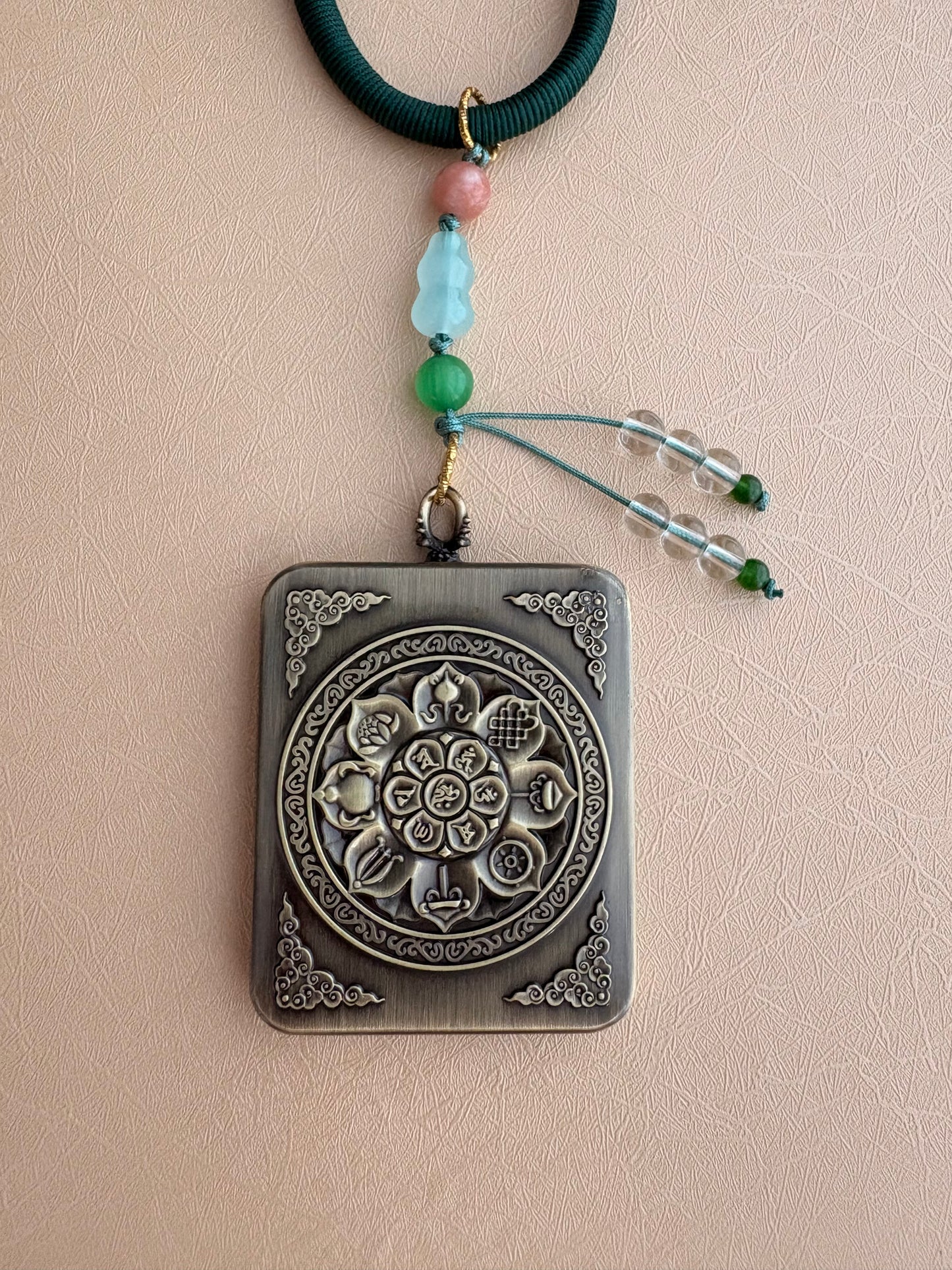 Green Tara Thangka Charm with jade Tassel in Tibetan Green