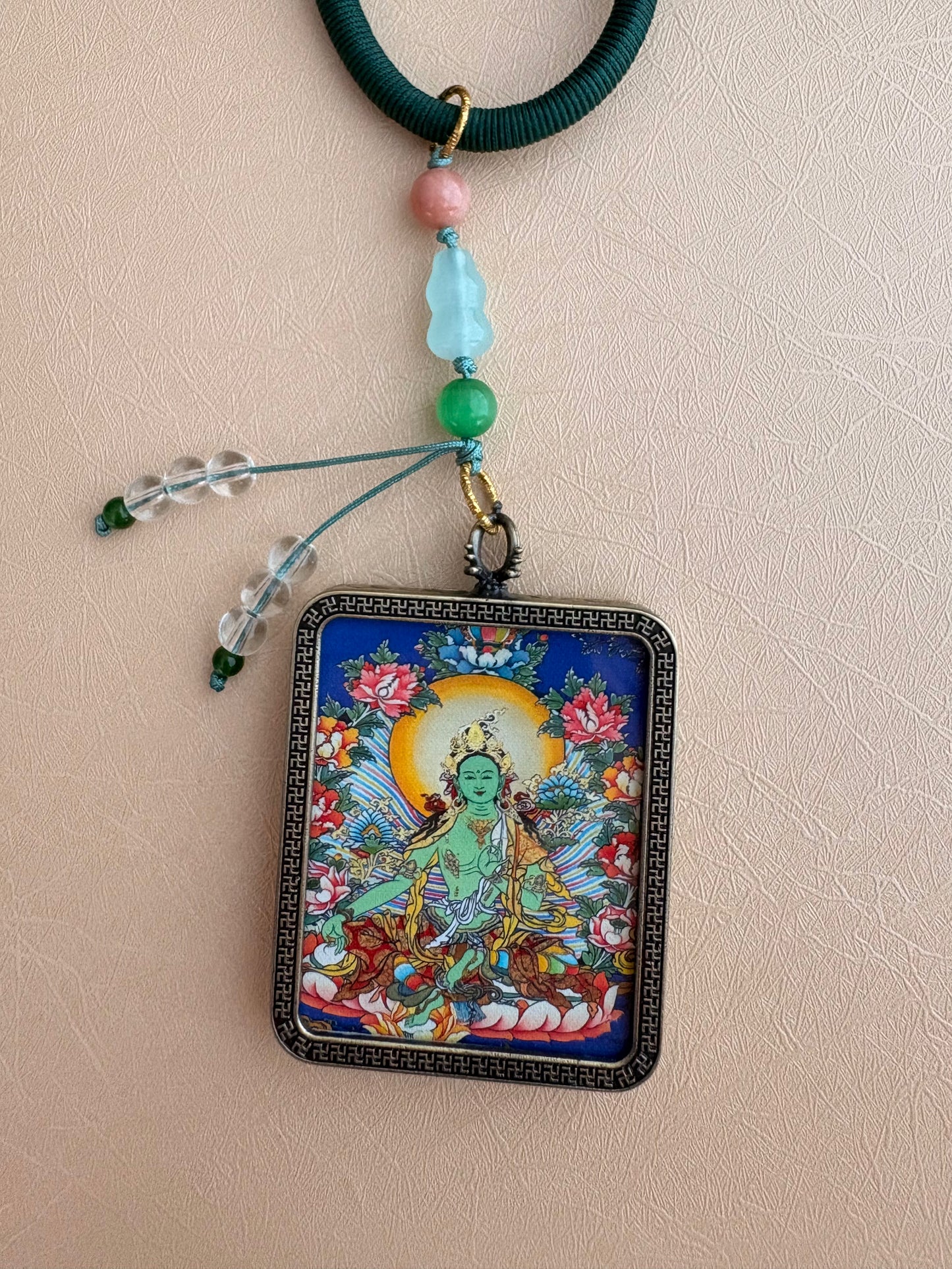 Green Tara Thangka Charm with jade Tassel in Tibetan Green