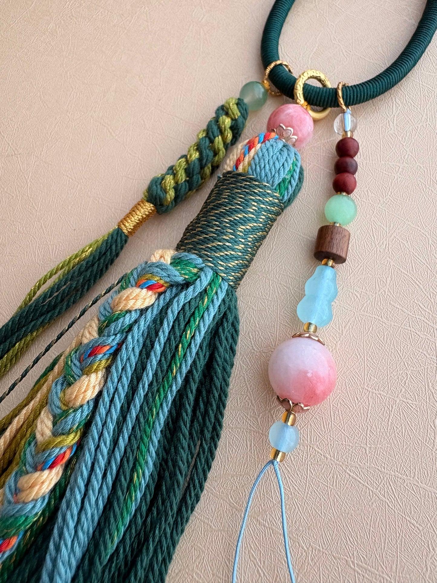 Green Tara Thangka Charm with jade Tassel in Tibetan Green