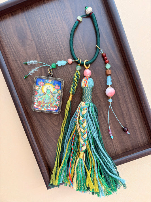Green Tara Thangka Charm with jade Tassel in Tibetan Green