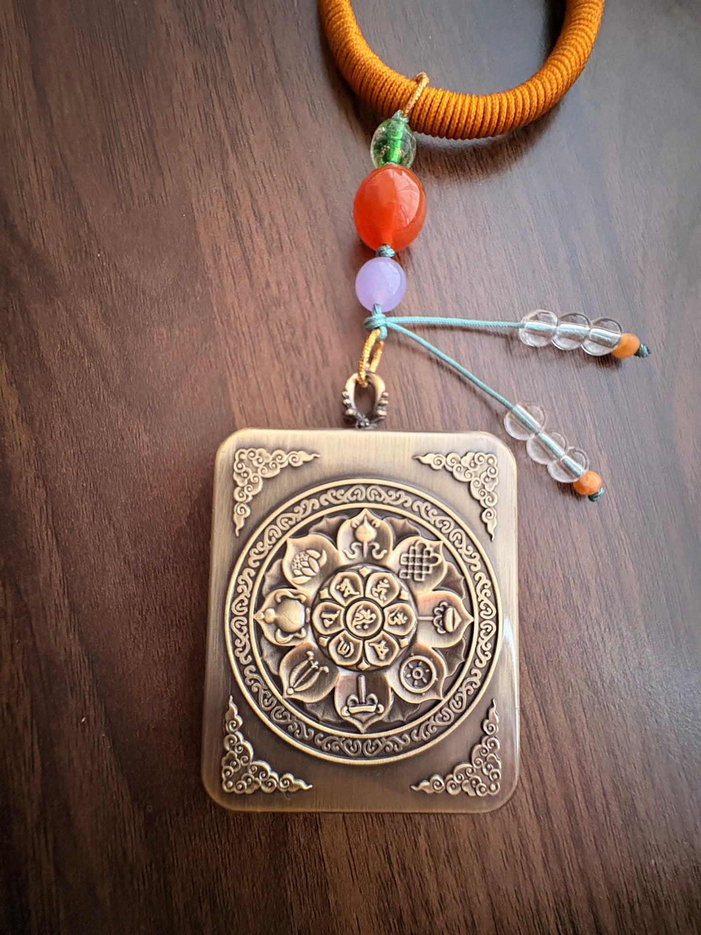 Mahakala Thangka Charm with Three-Eyed Agate Dzi Bead Tassel in Tibetan Brown