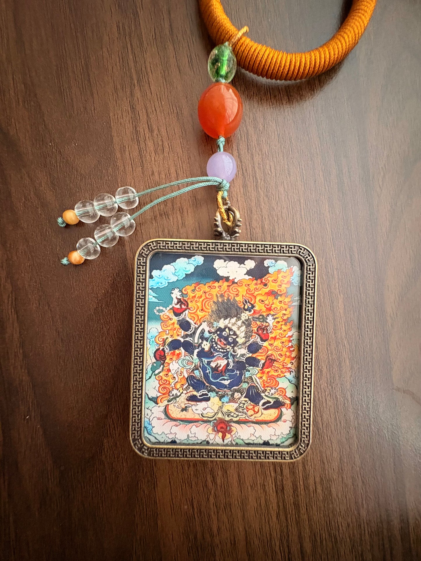 Mahakala Thangka Charm with Three-Eyed Agate Dzi Bead Tassel in Tibetan Brown