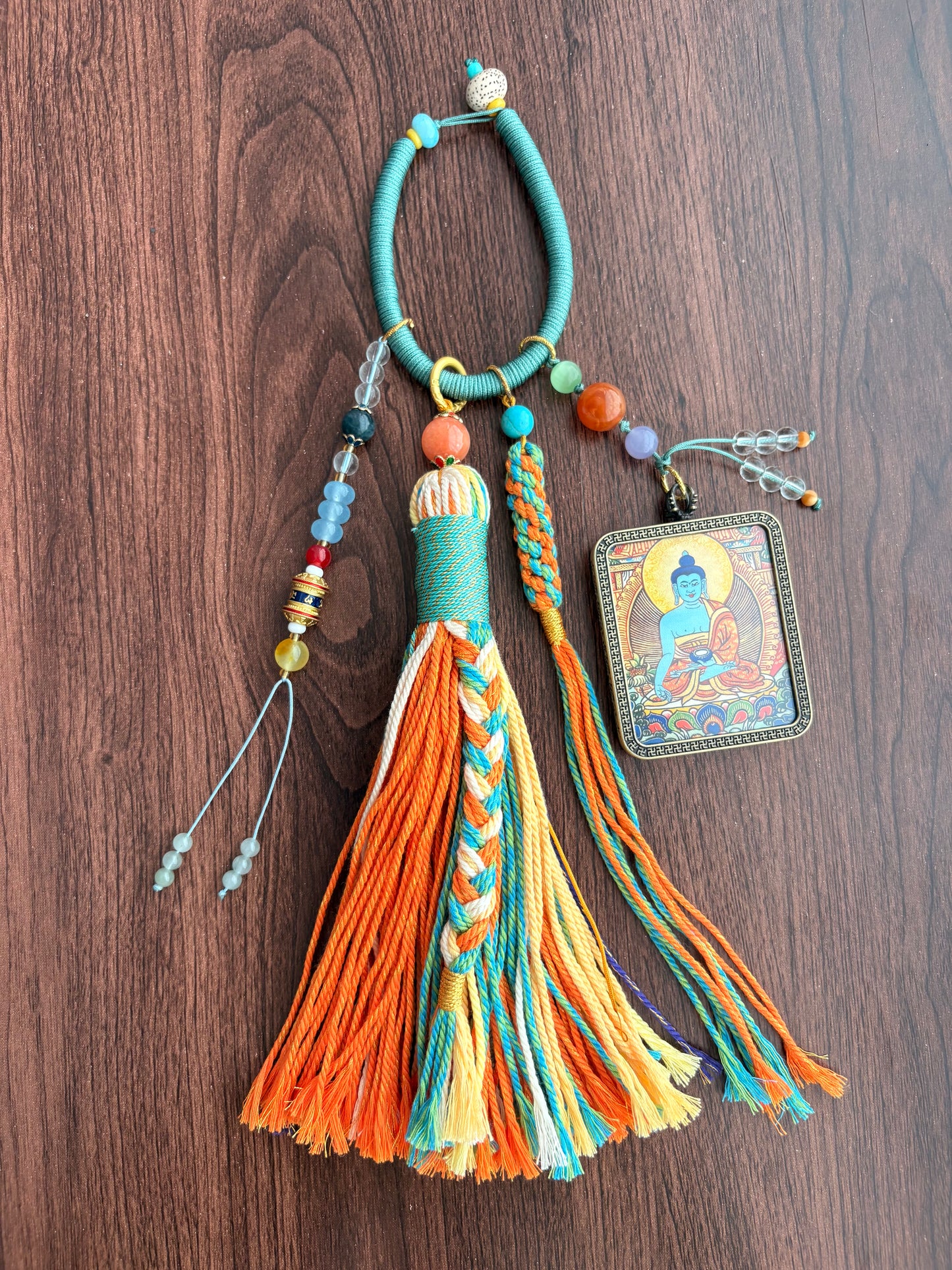 Medicine Buddha Thangka Charm with Prayer Wheel Tassel in Tibetan Green