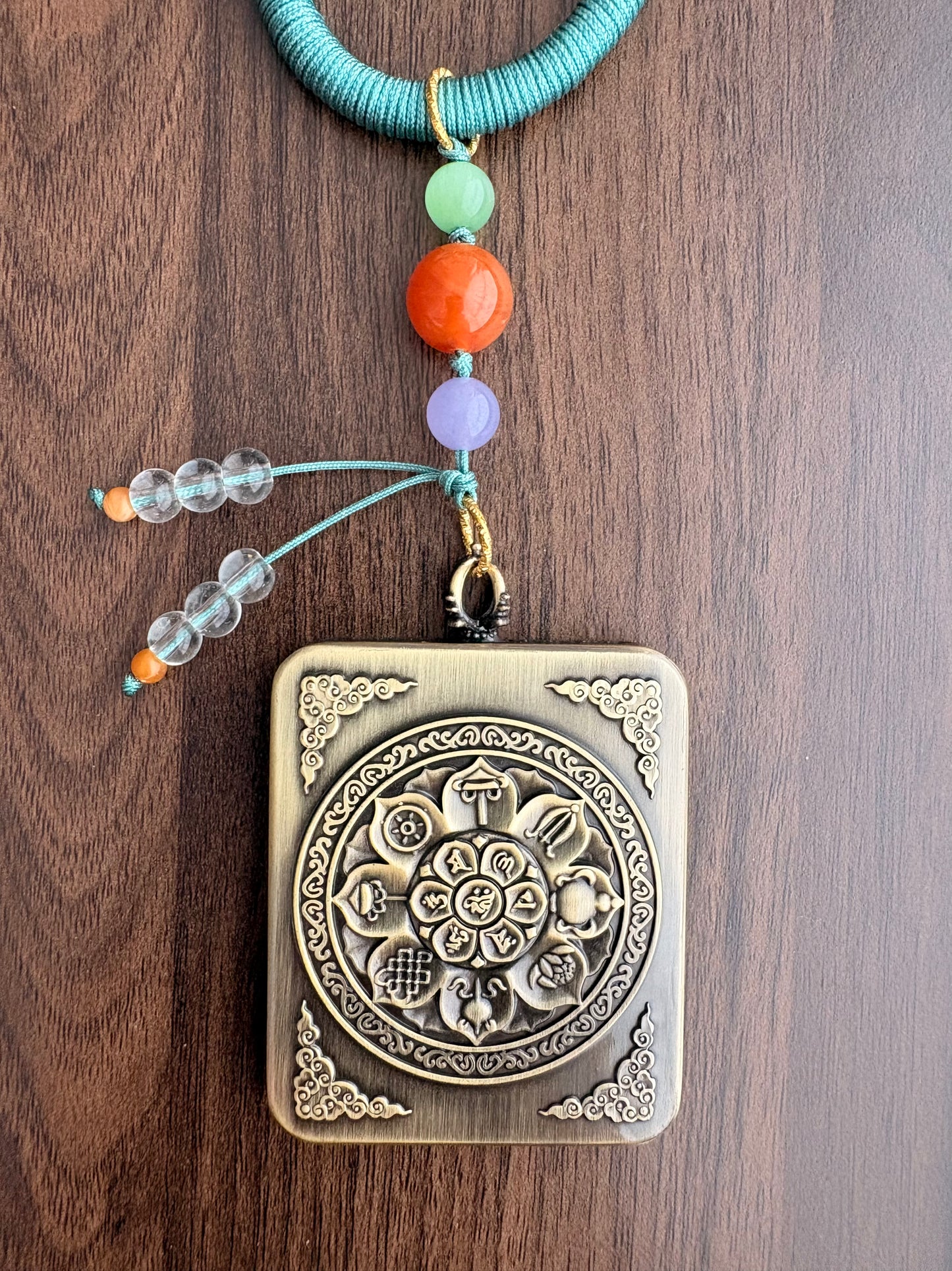Medicine Buddha Thangka Charm with Prayer Wheel Tassel in Tibetan Green