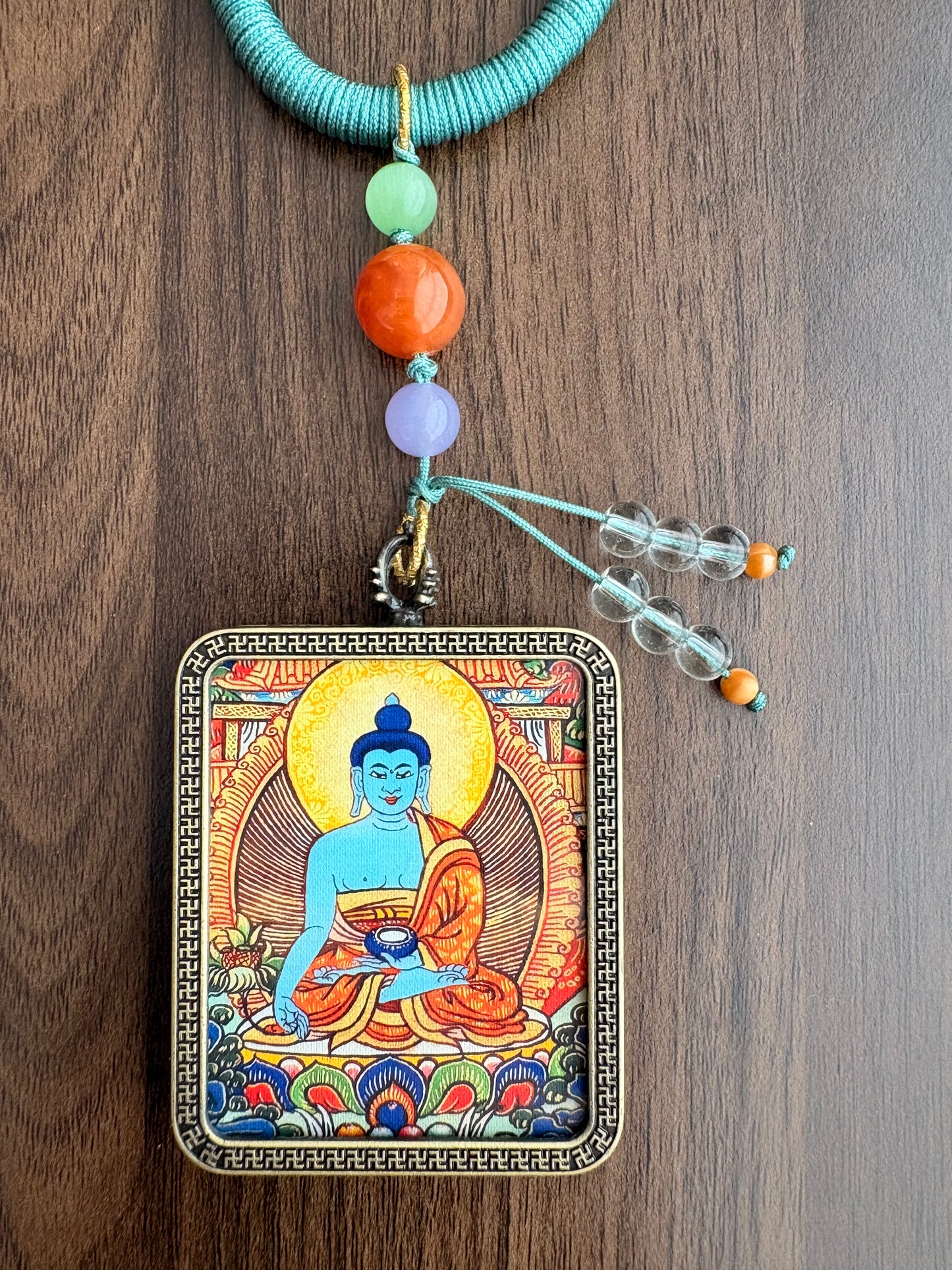 Medicine Buddha Thangka Charm with Prayer Wheel Tassel in Tibetan Green