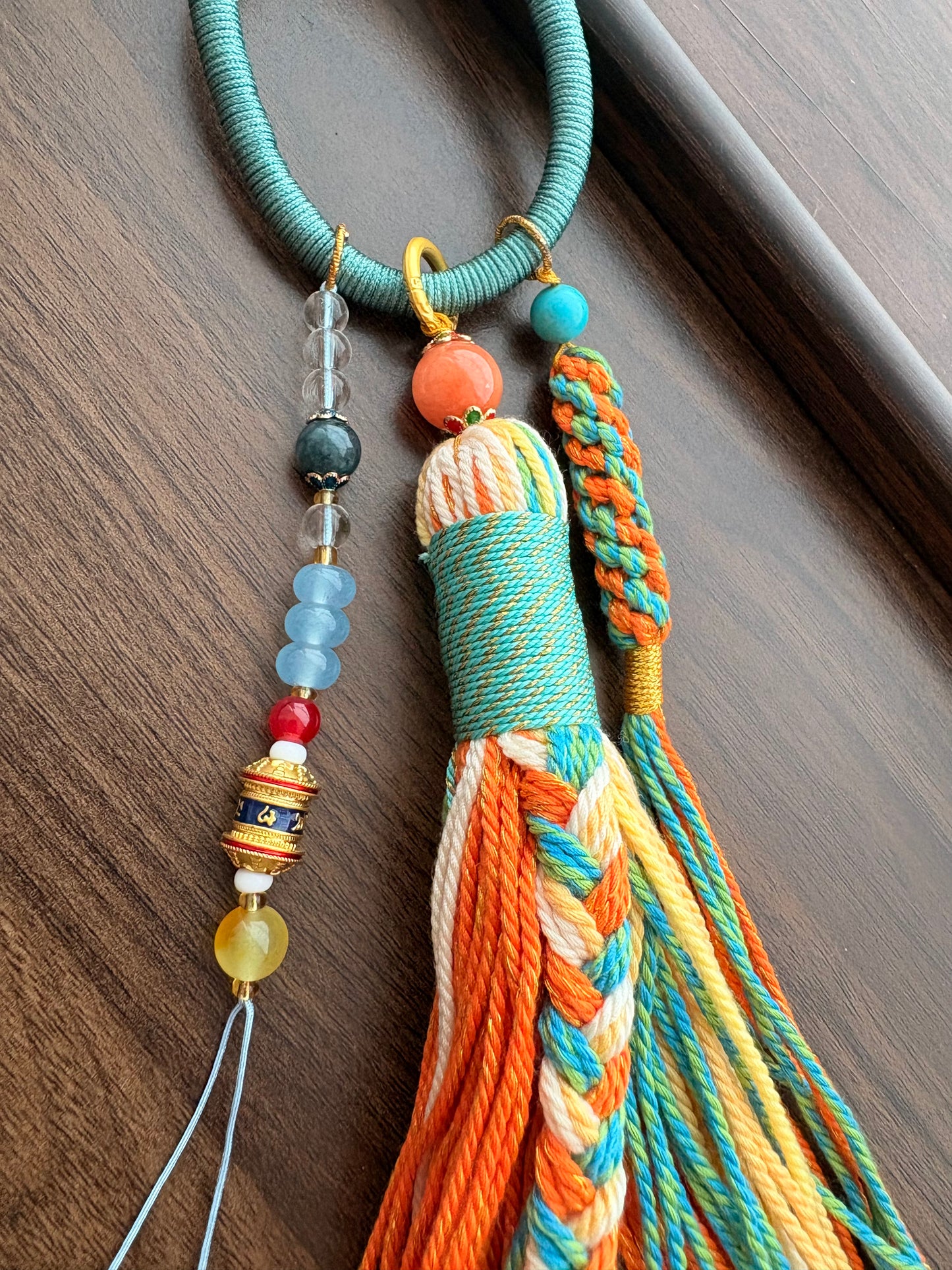 Medicine Buddha Thangka Charm with Prayer Wheel Tassel in Tibetan Green