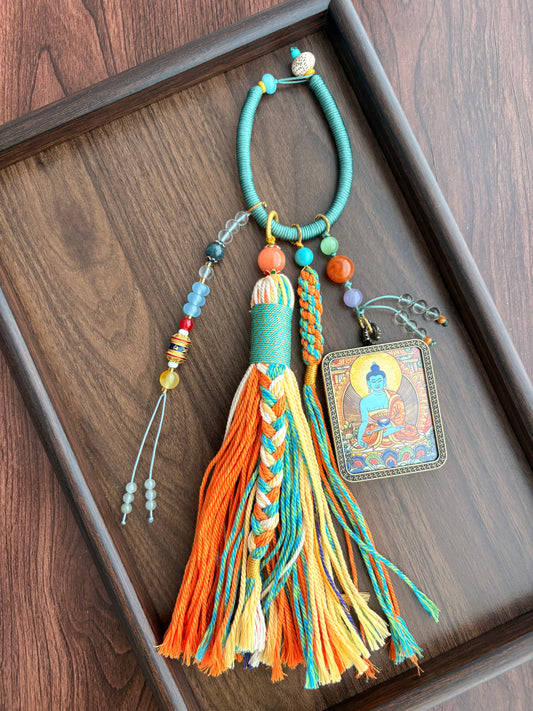 Medicine Buddha Thangka Charm with Prayer Wheel Tassel in Tibetan Green