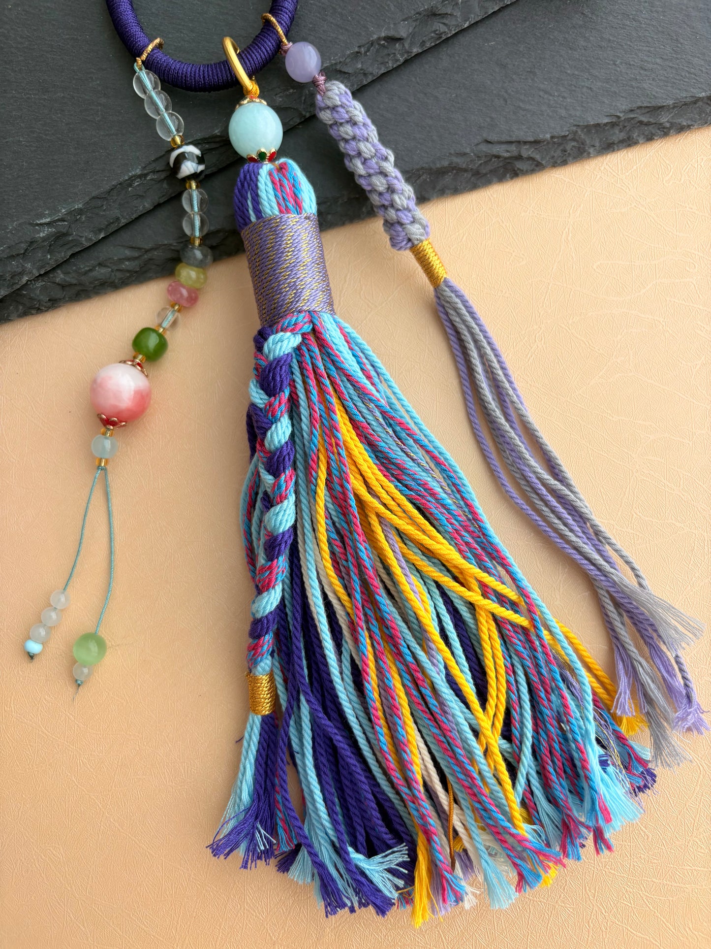 Medicine Buddha Thangka Charm with Tiger Tooth Agate Dzi Bead Tassel in Tibetan Purple