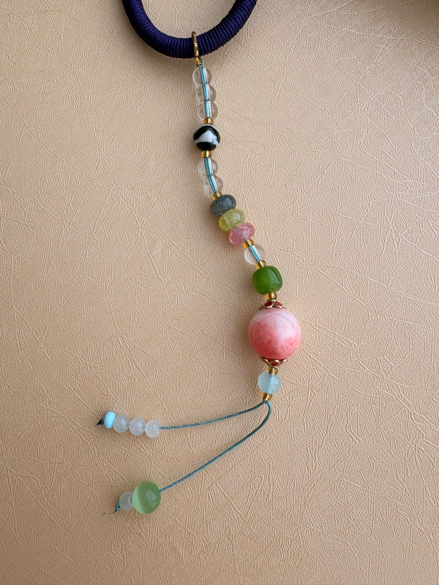 Medicine Buddha Thangka Charm with Tiger Tooth Agate Dzi Bead Tassel in Tibetan Purple