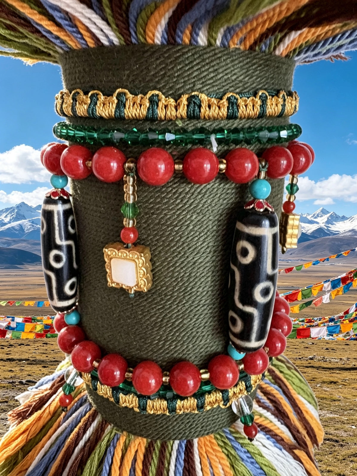 Tibetan Large-sized Victory Banner Auspicious Tassel Ornament with Dzi Beads and Zhibazha charm