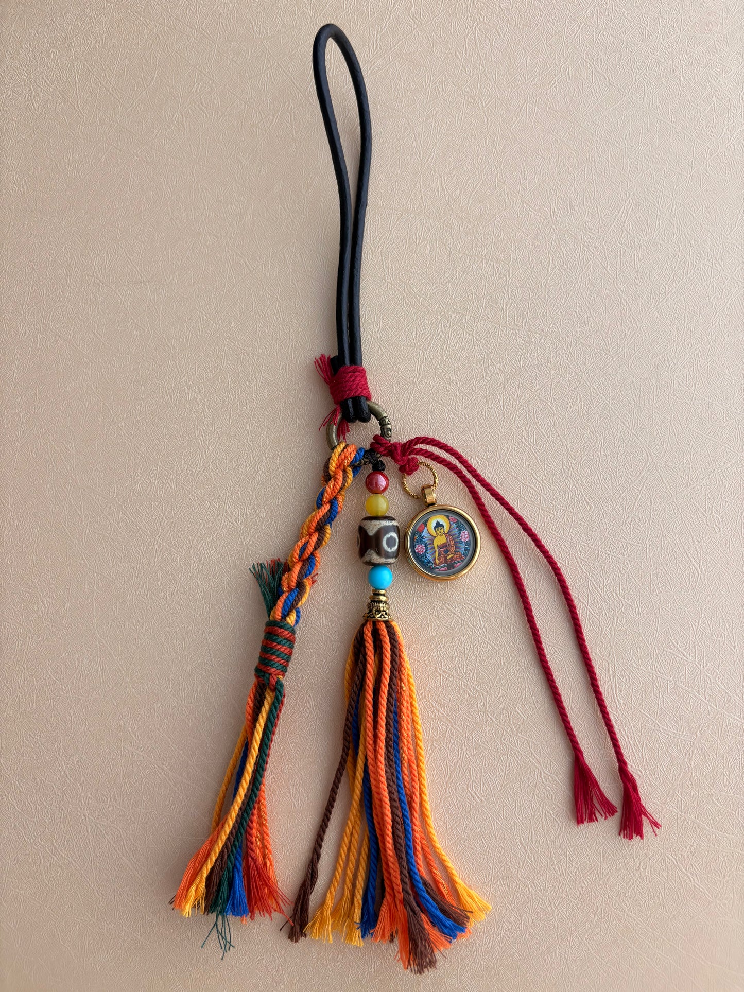 Sakyamuni Buddha Thangka Charm with Three Eye Agate Dzi Bead & Leather Cord