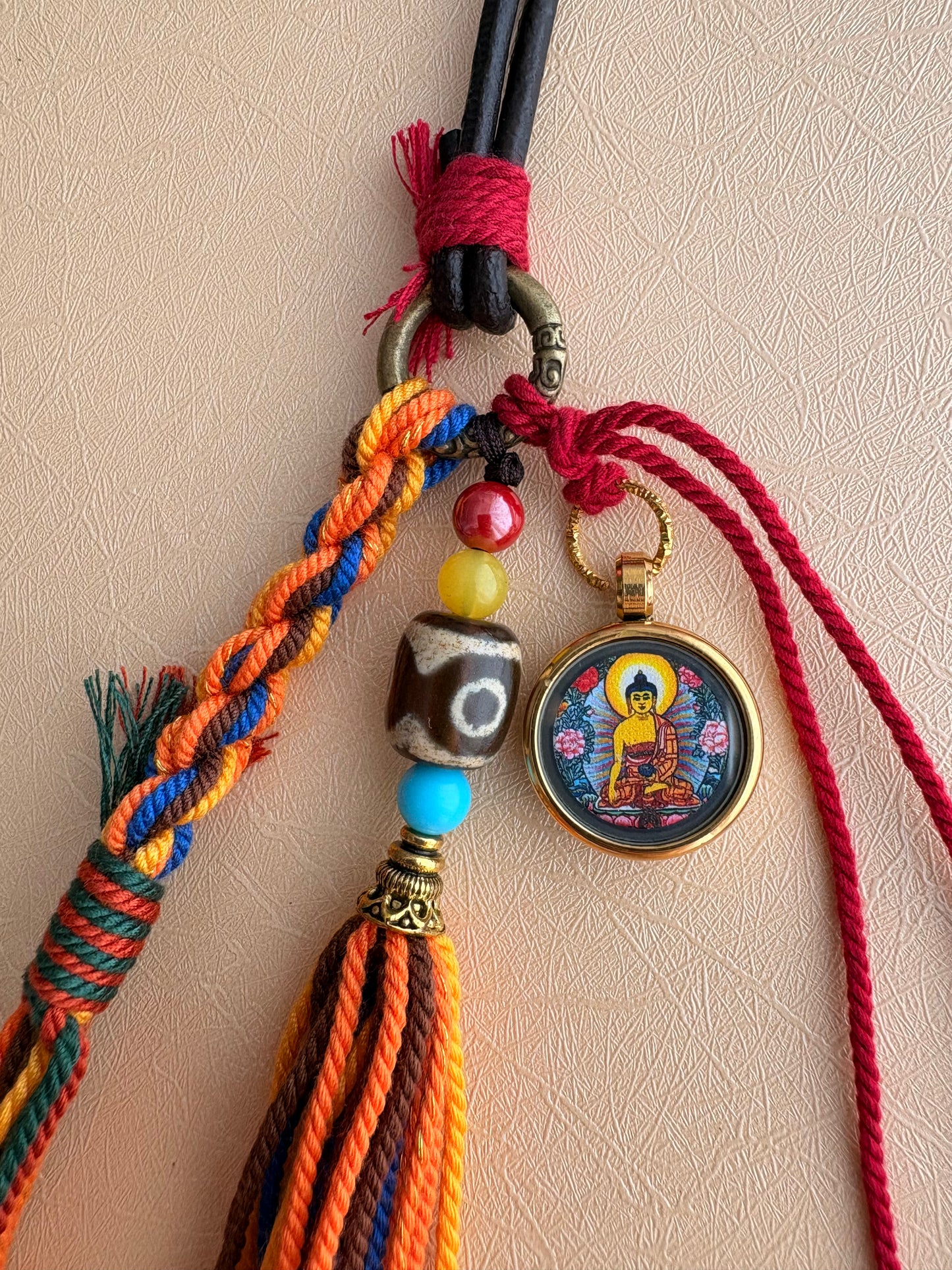 Sakyamuni Buddha Thangka Charm with Three Eye Agate Dzi Bead & Leather Cord