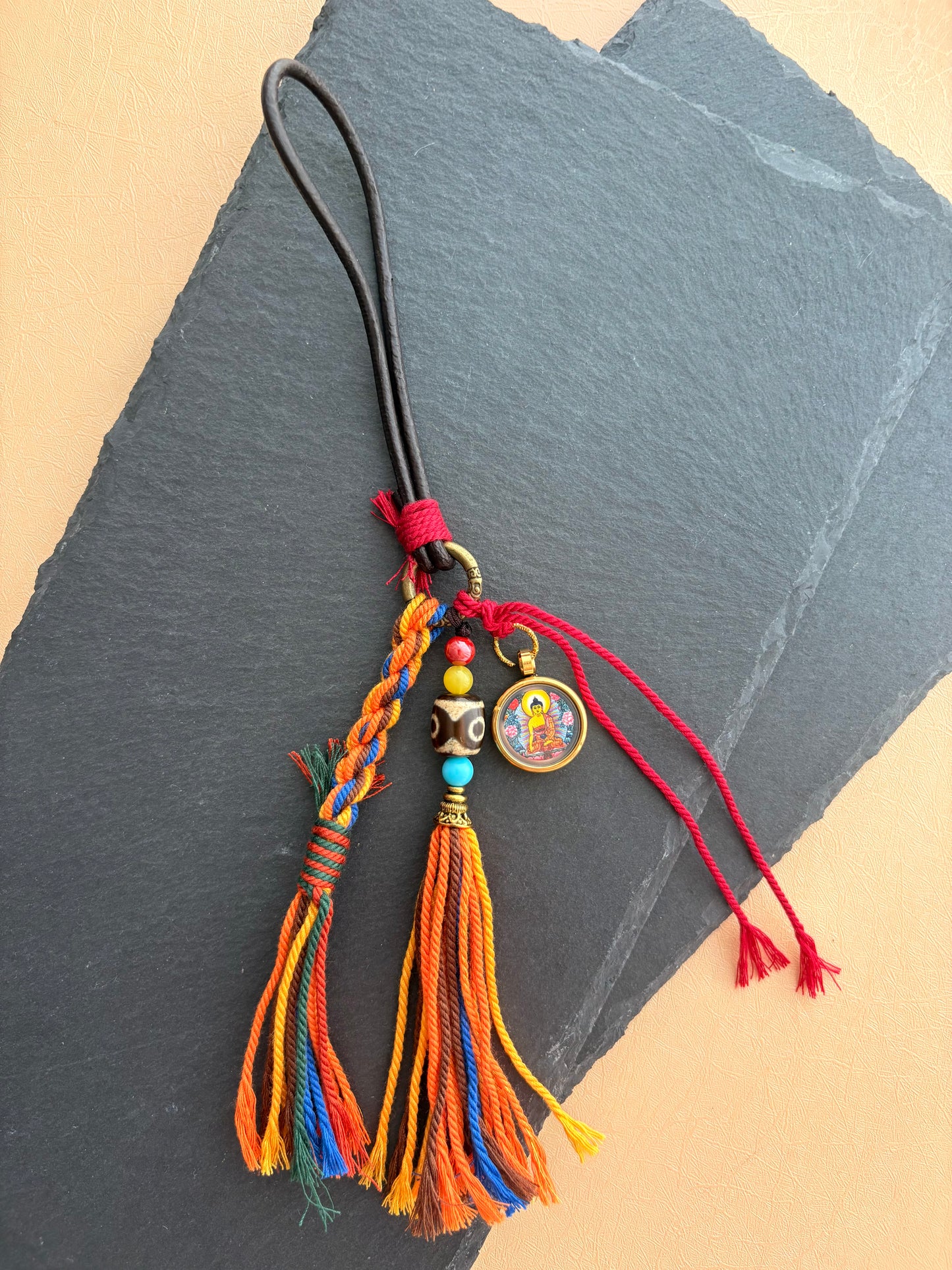 Sakyamuni Buddha Thangka Charm with Three Eye Agate Dzi Bead & Leather Cord