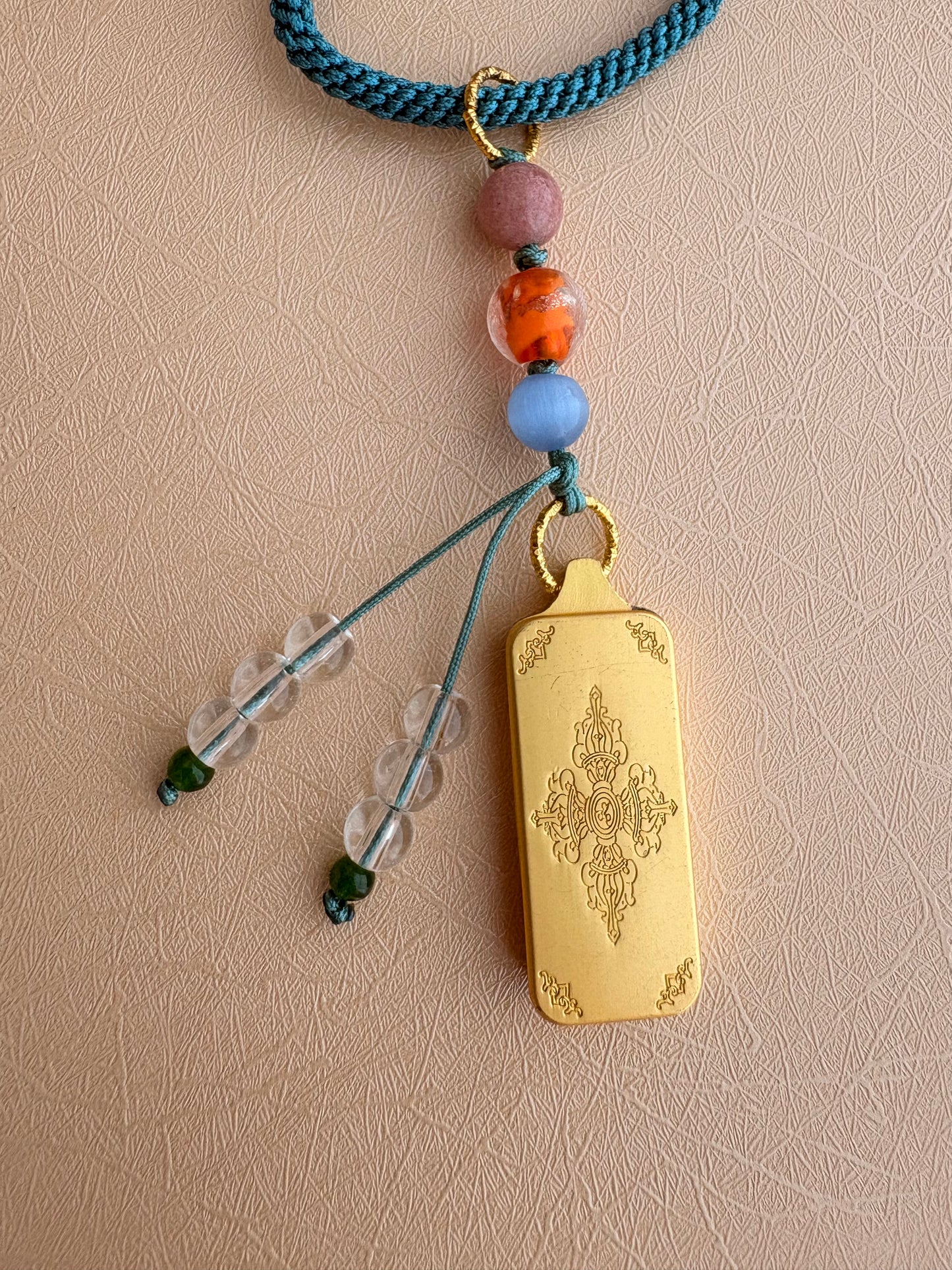 Small Green Tara Thangka Charm with Natural Stone Beads Tassel in Tibetan Green