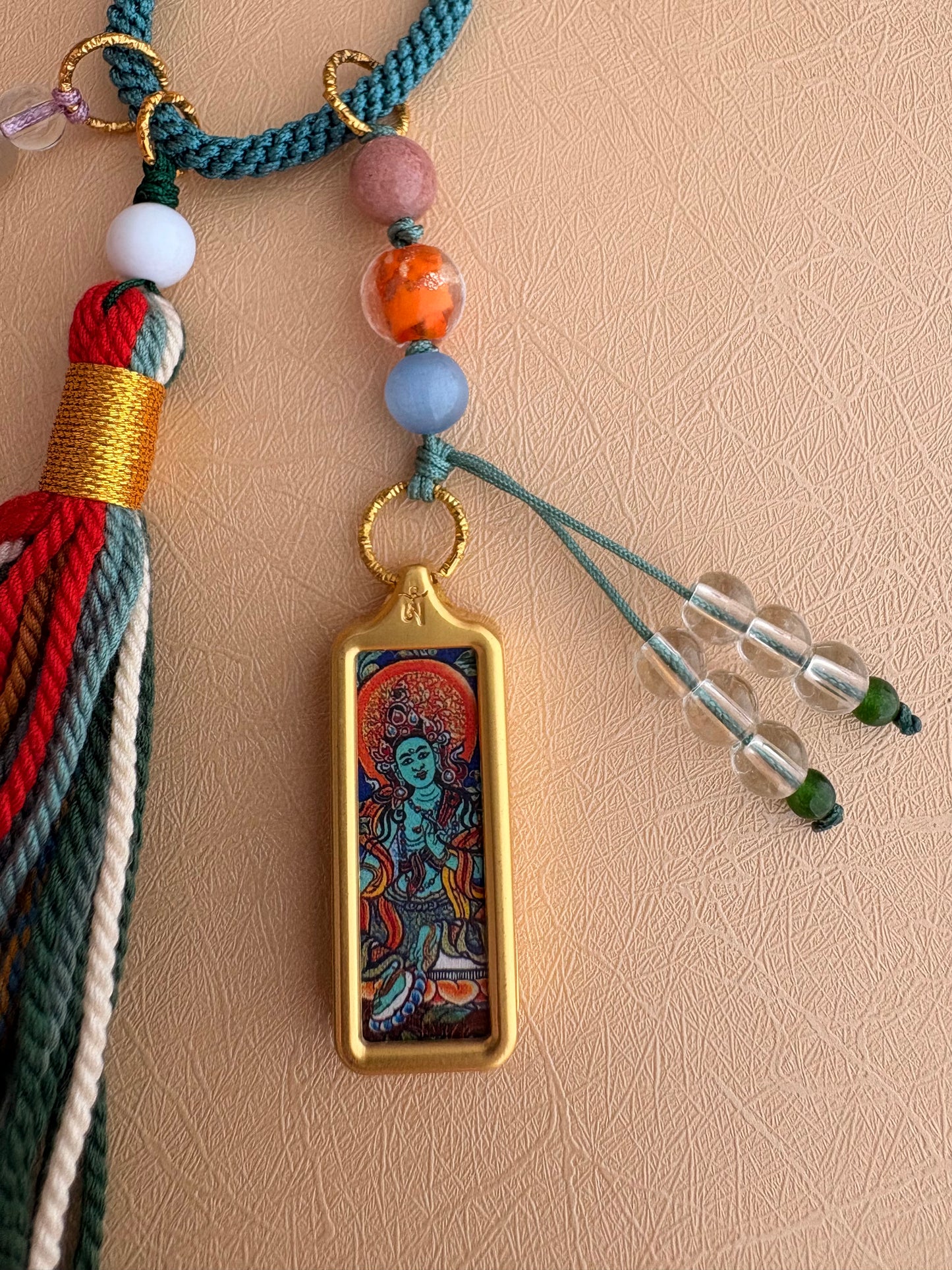 Small Green Tara Thangka Charm with Natural Stone Beads Tassel in Tibetan Green