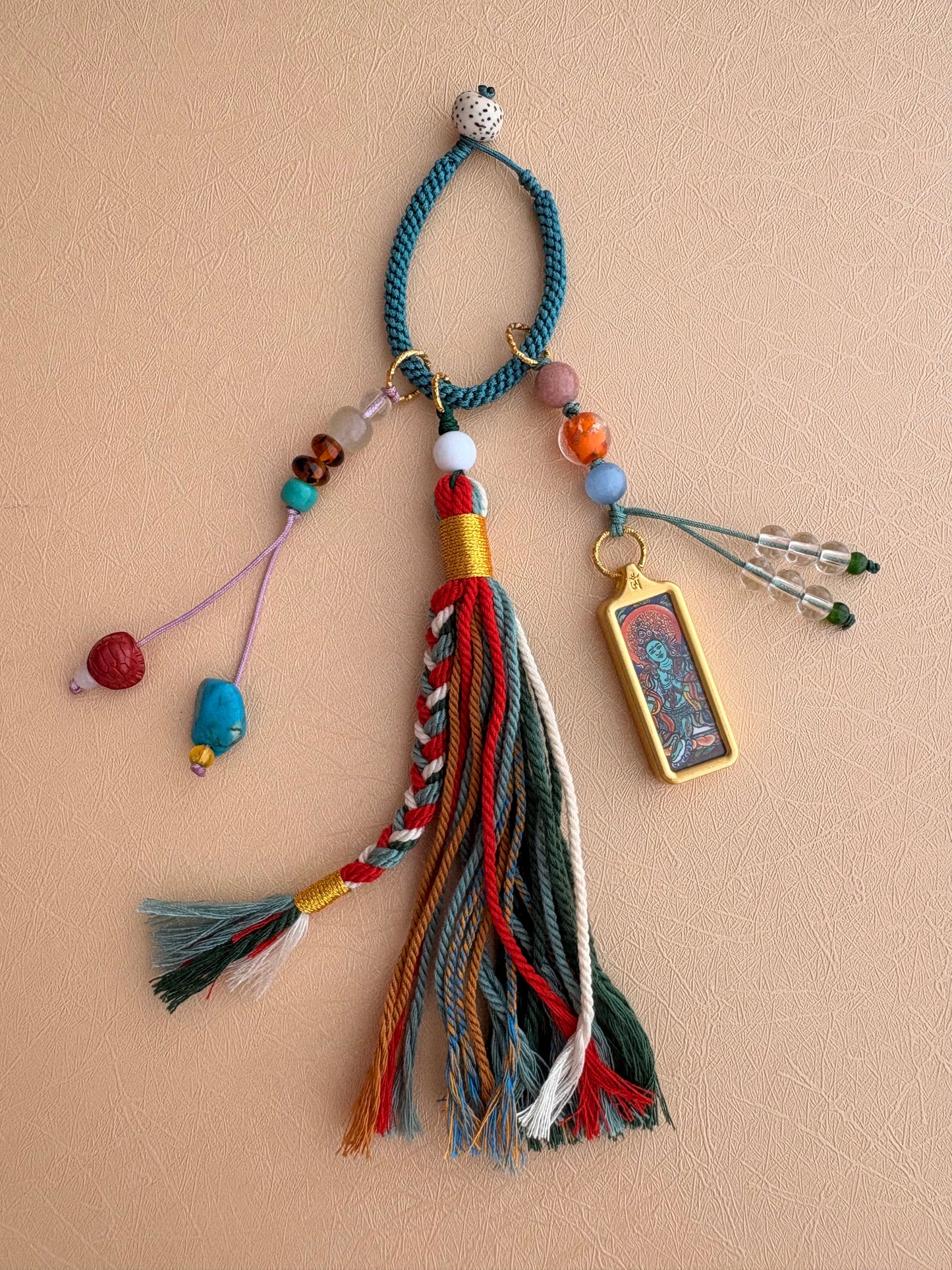 Small Green Tara Thangka Charm with Natural Stone Beads Tassel in Tibetan Green