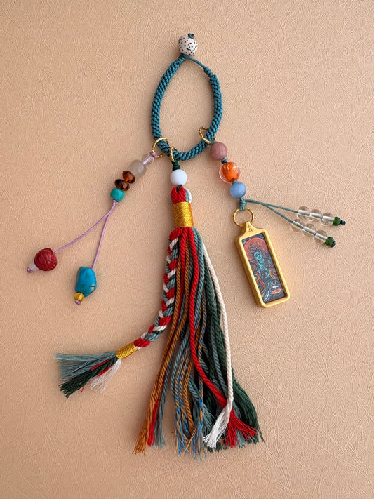 Small Green Tara Thangka Charm with Natural Stone Beads Tassel in Tibetan Green