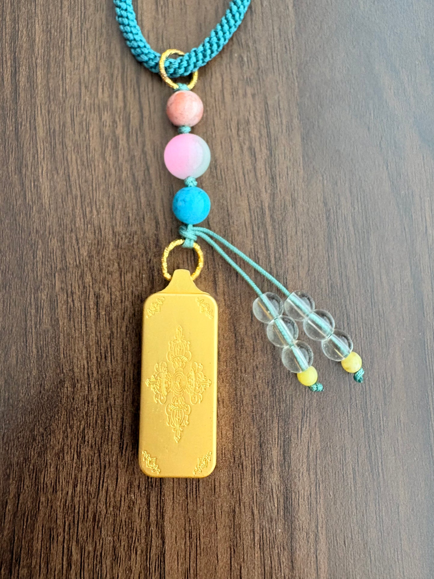 Small Sakyamuni Buddha Thangka Charm with Prayer Wheel Charm in Tibetan Purple