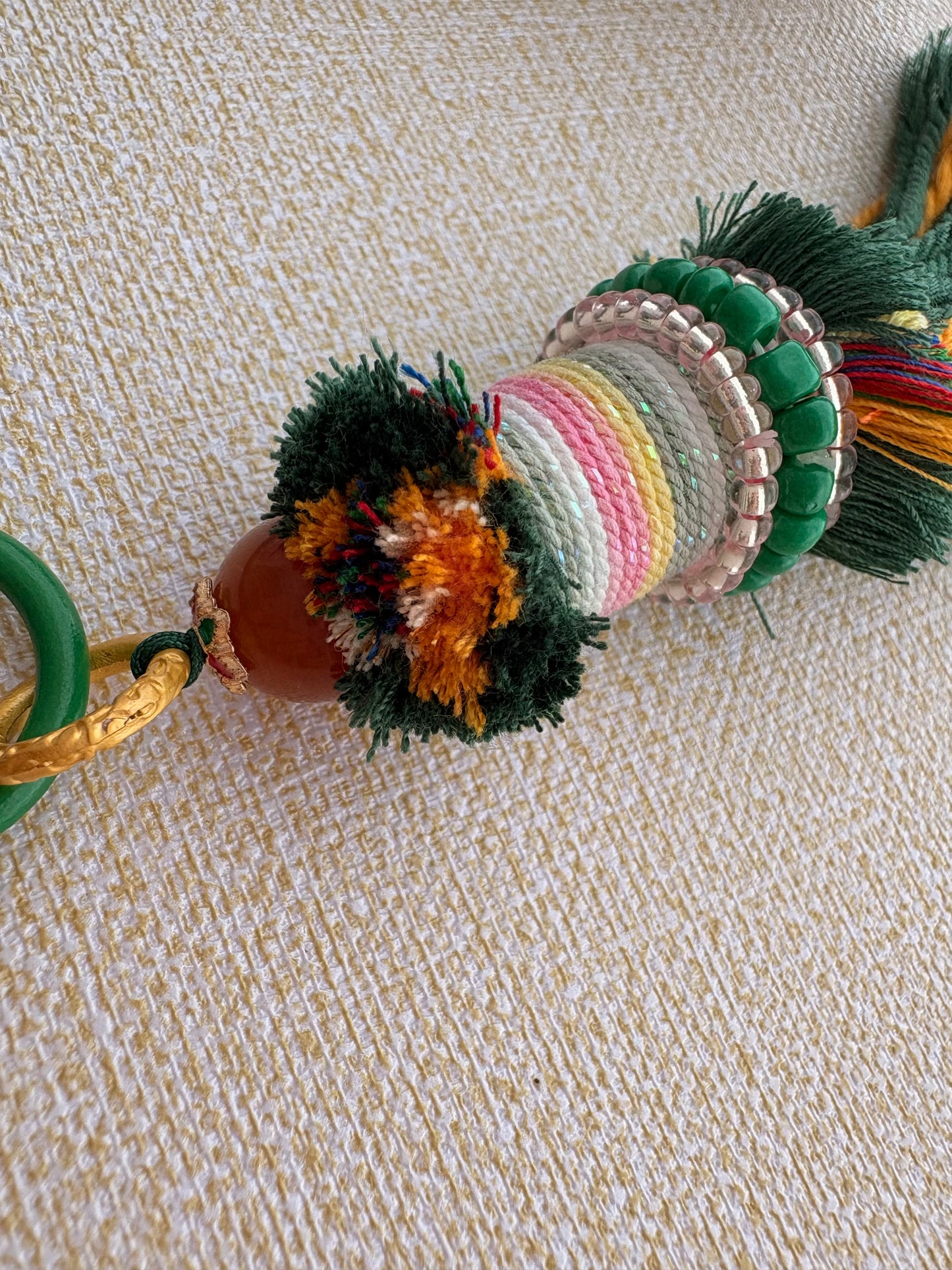 Small Victory Banner Charm with Amitabha Buddha Thangka Tassel in Tibetan Green