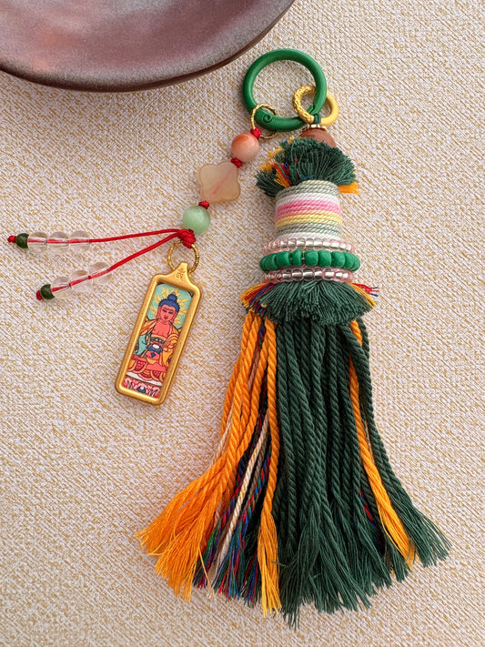 Small Victory Banner Charm with Amitabha Buddha Thangka Tassel in Tibetan Green