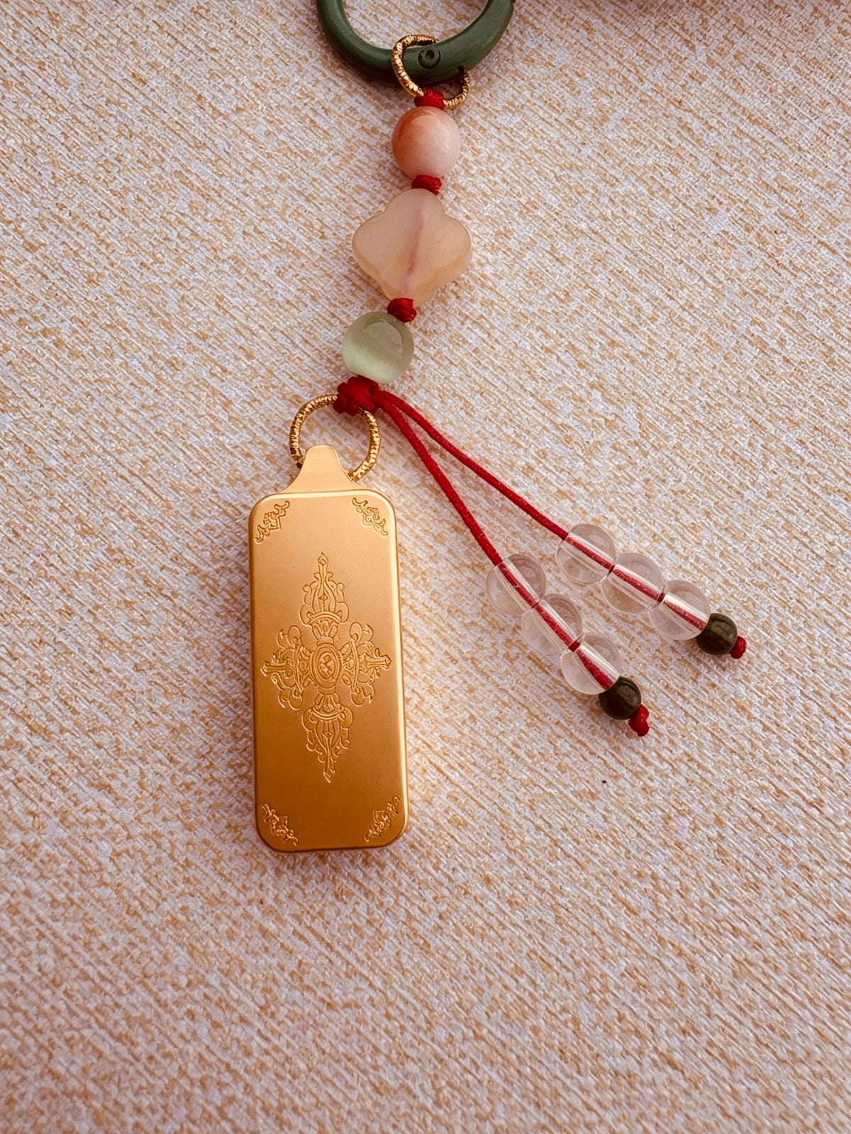 Small Victory Banner Charm with Amitabha Buddha Thangka Tassel in Tibetan Green