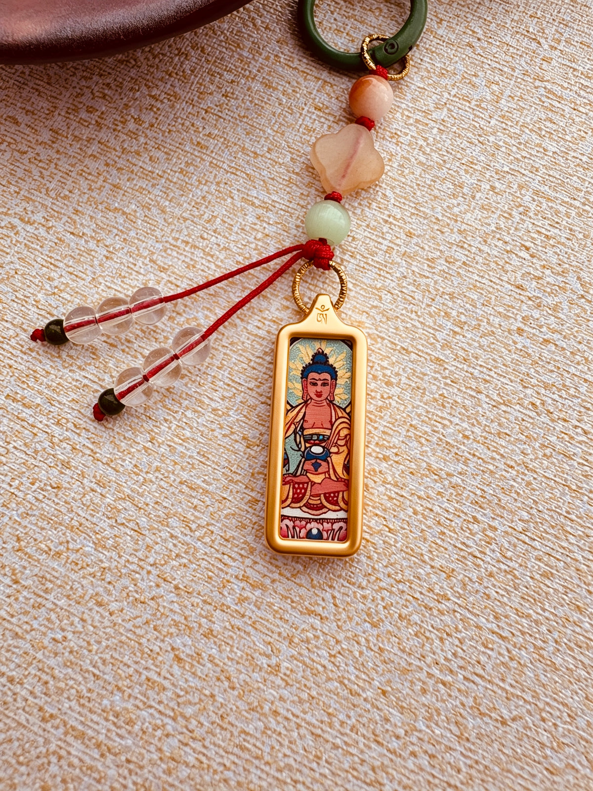Small Victory Banner Charm with Amitabha Buddha Thangka Tassel in Tibetan Green