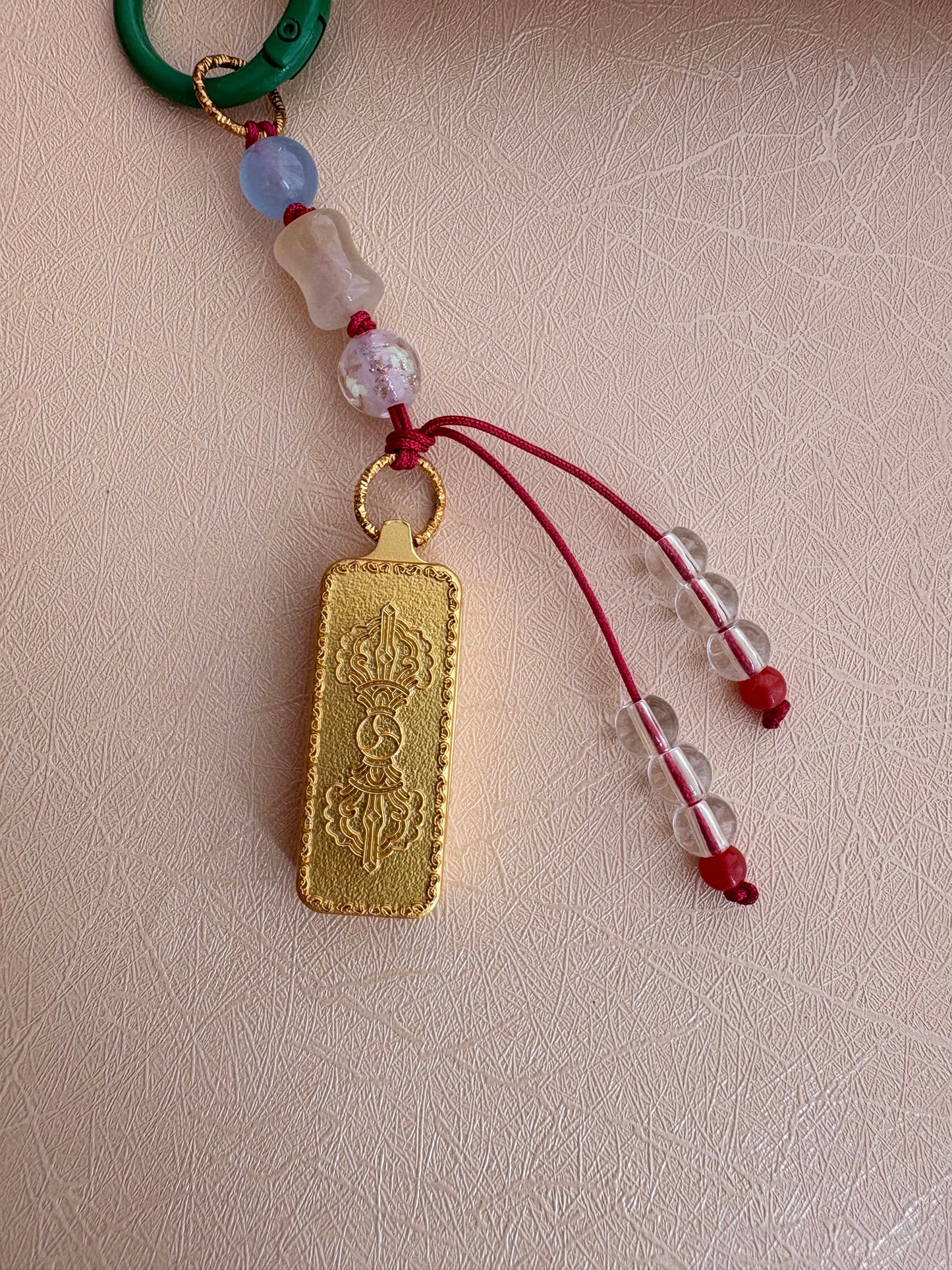 Small Victory Banner Charm with Green Tara Thangka Tassel in Tibetan Green