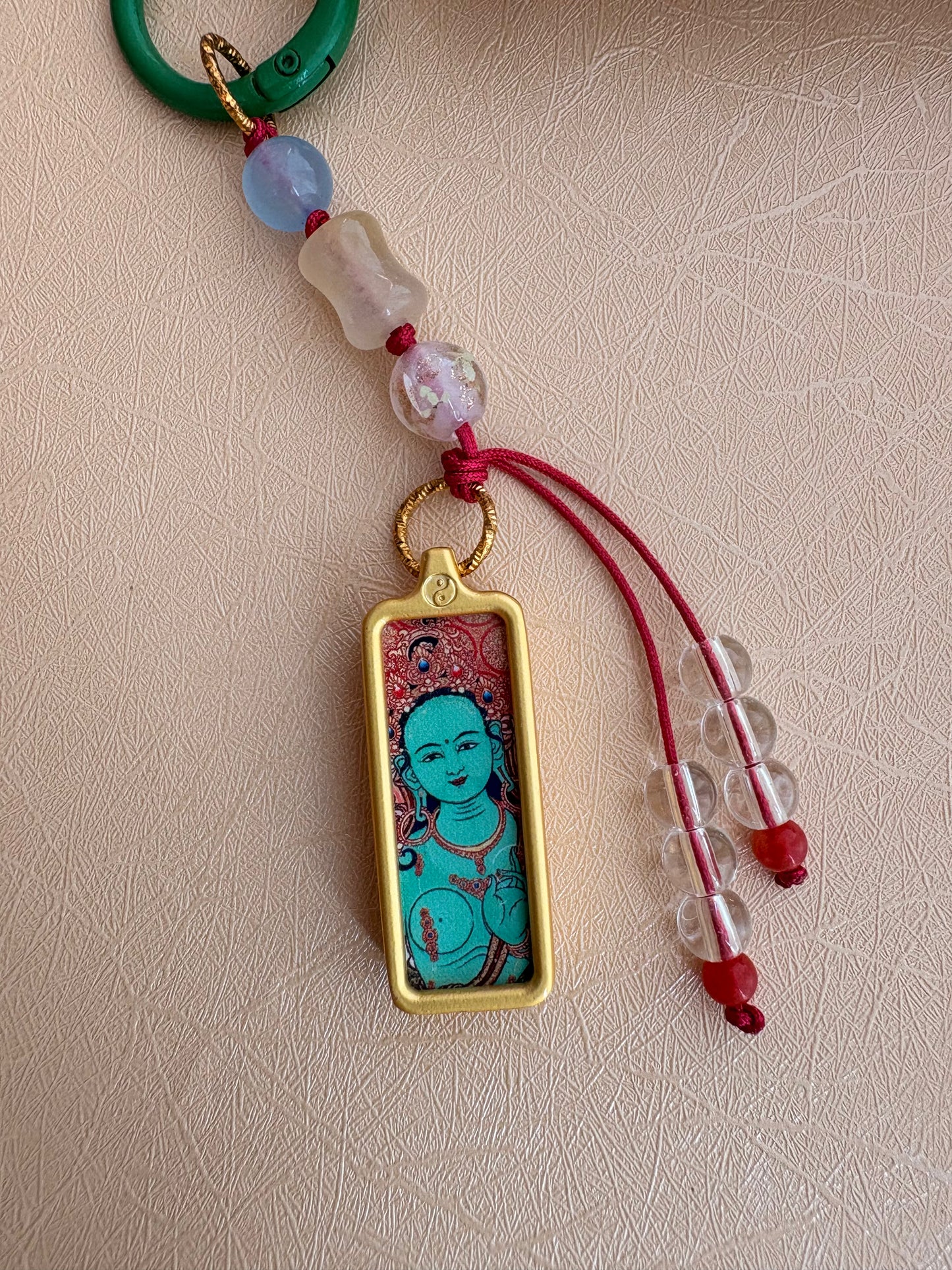 Small Victory Banner Charm with Green Tara Thangka Tassel in Tibetan Green