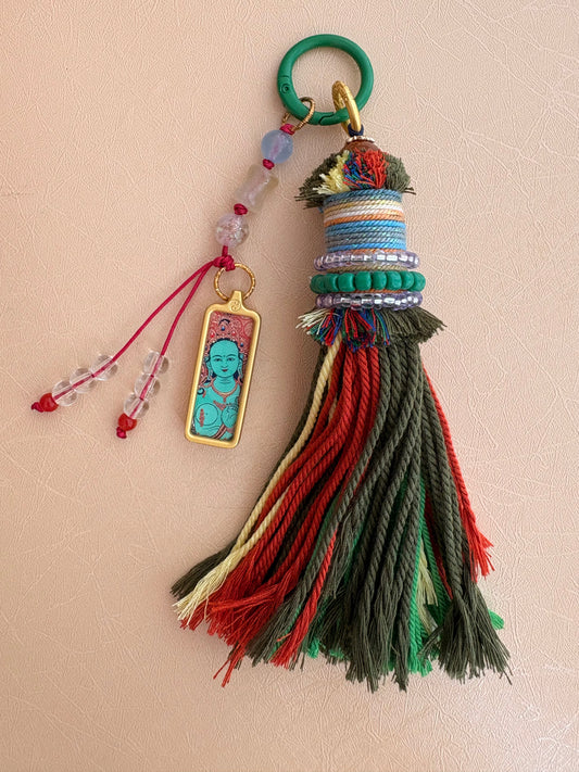 Small Victory Banner Charm with Green Tara Thangka Tassel in Tibetan Green