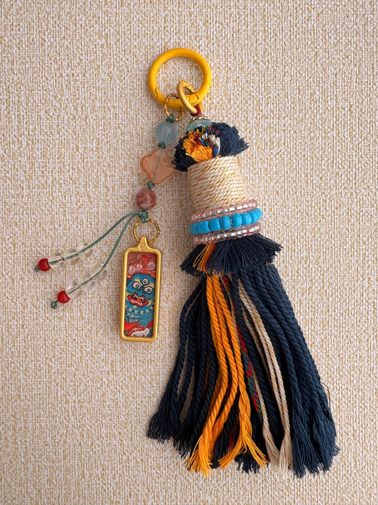 Small Victory Banner Charm with Mahakala Thangka Tassel in Tibetan Blue