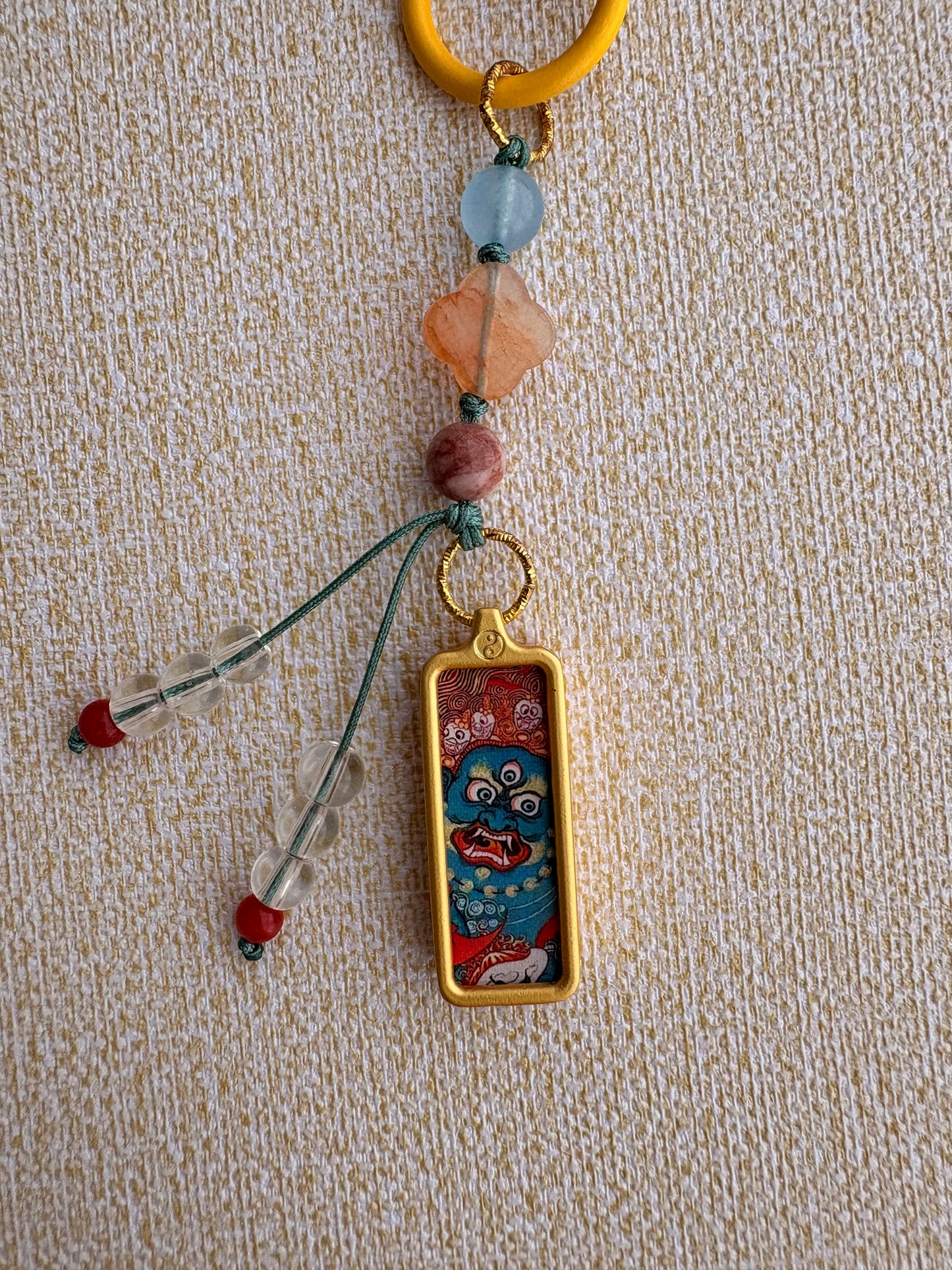 Small Victory Banner Charm with Mahakala Thangka Tassel in Tibetan Blue