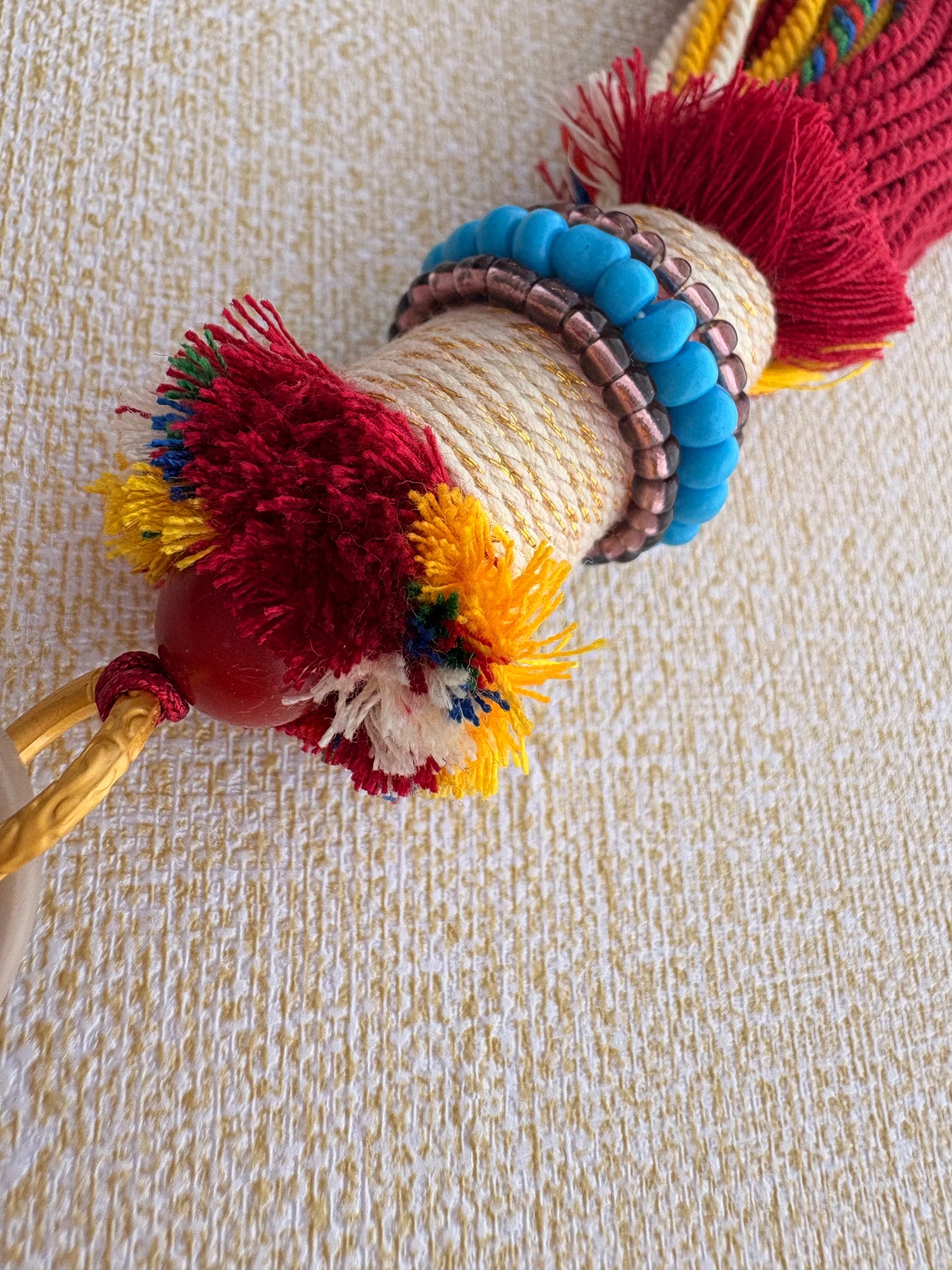 Small Victory Banner Charm with Medicine Buddha Thangka Tassel in Tibetan Red