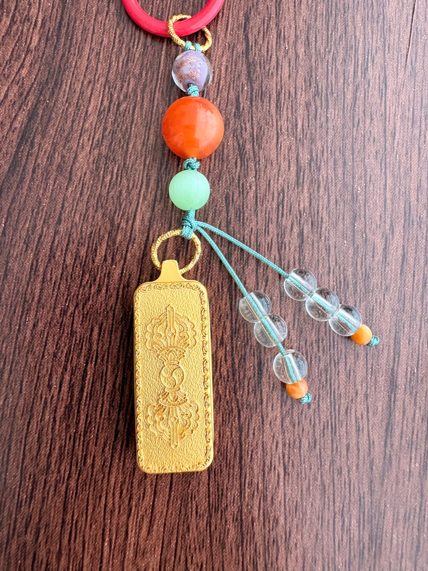 Small Victory Banner Charm with Mahakala Thangka Tassel in Tibetan Red
