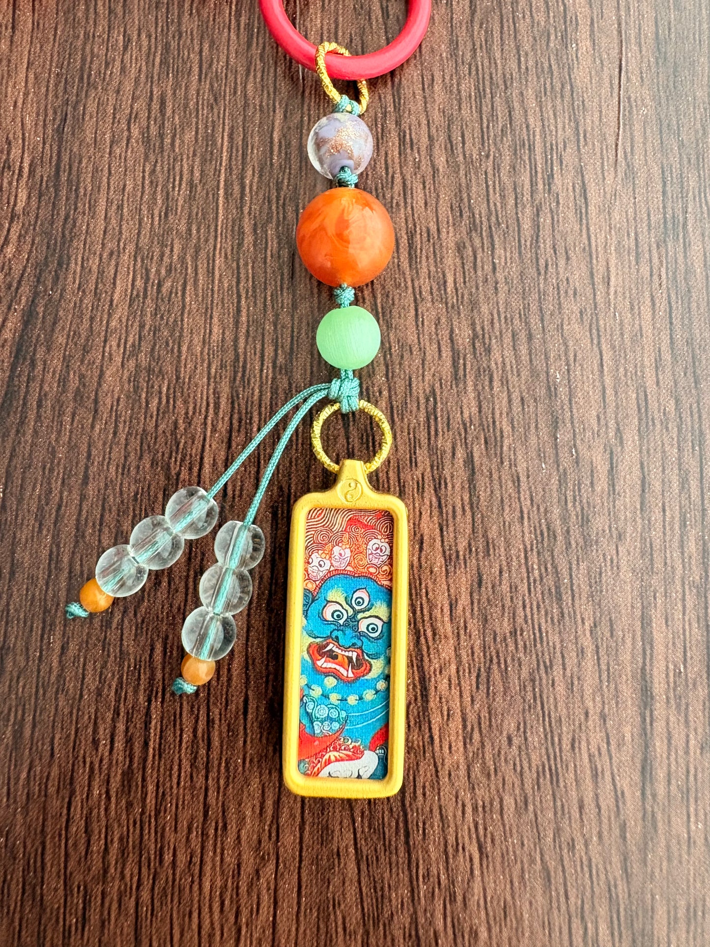 Small Victory Banner Charm with Mahakala Thangka Tassel in Tibetan Red