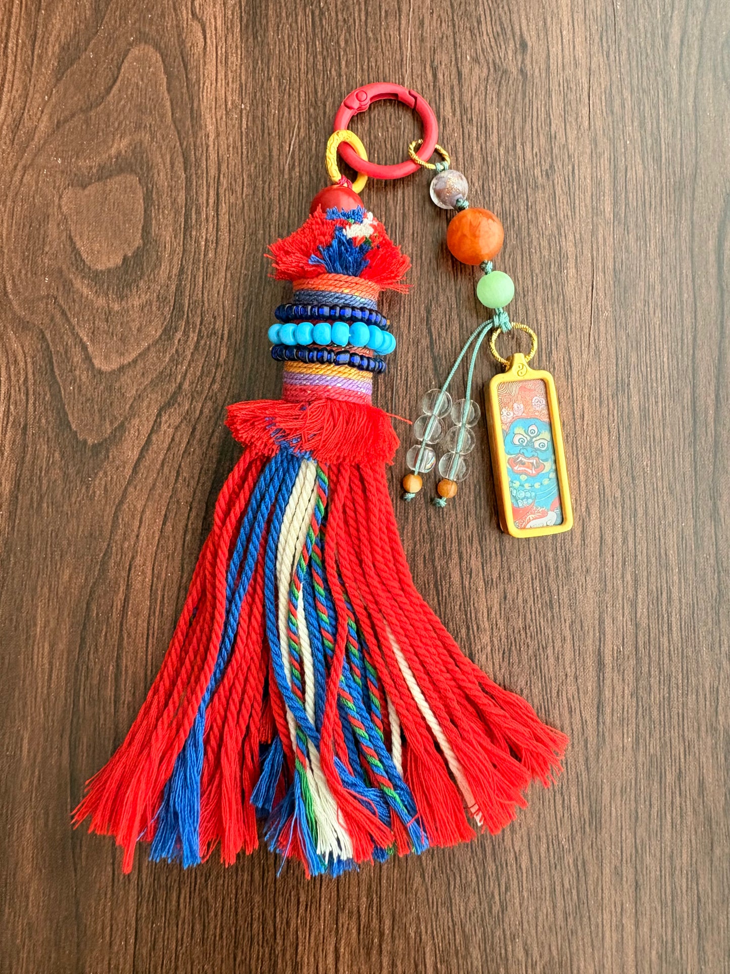 Small Victory Banner Charm with Mahakala Thangka Tassel in Tibetan Red