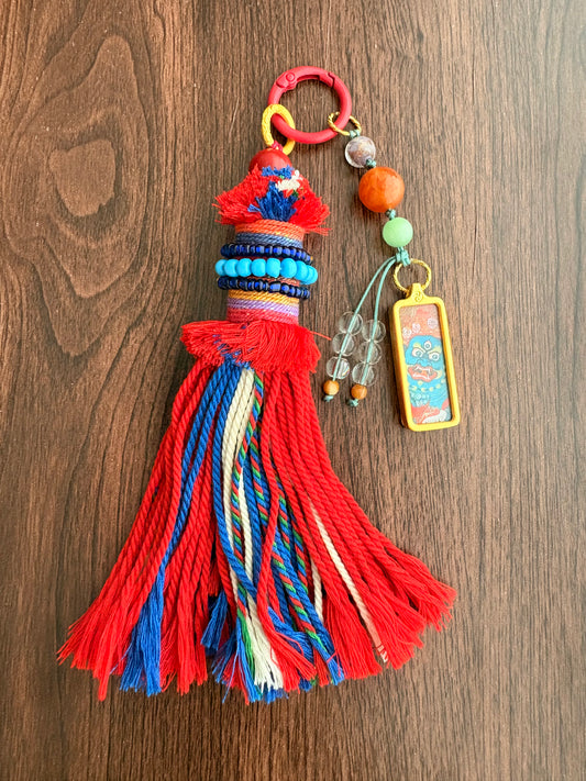 Small Victory Banner Charm with Mahakala Thangka Tassel in Tibetan Red