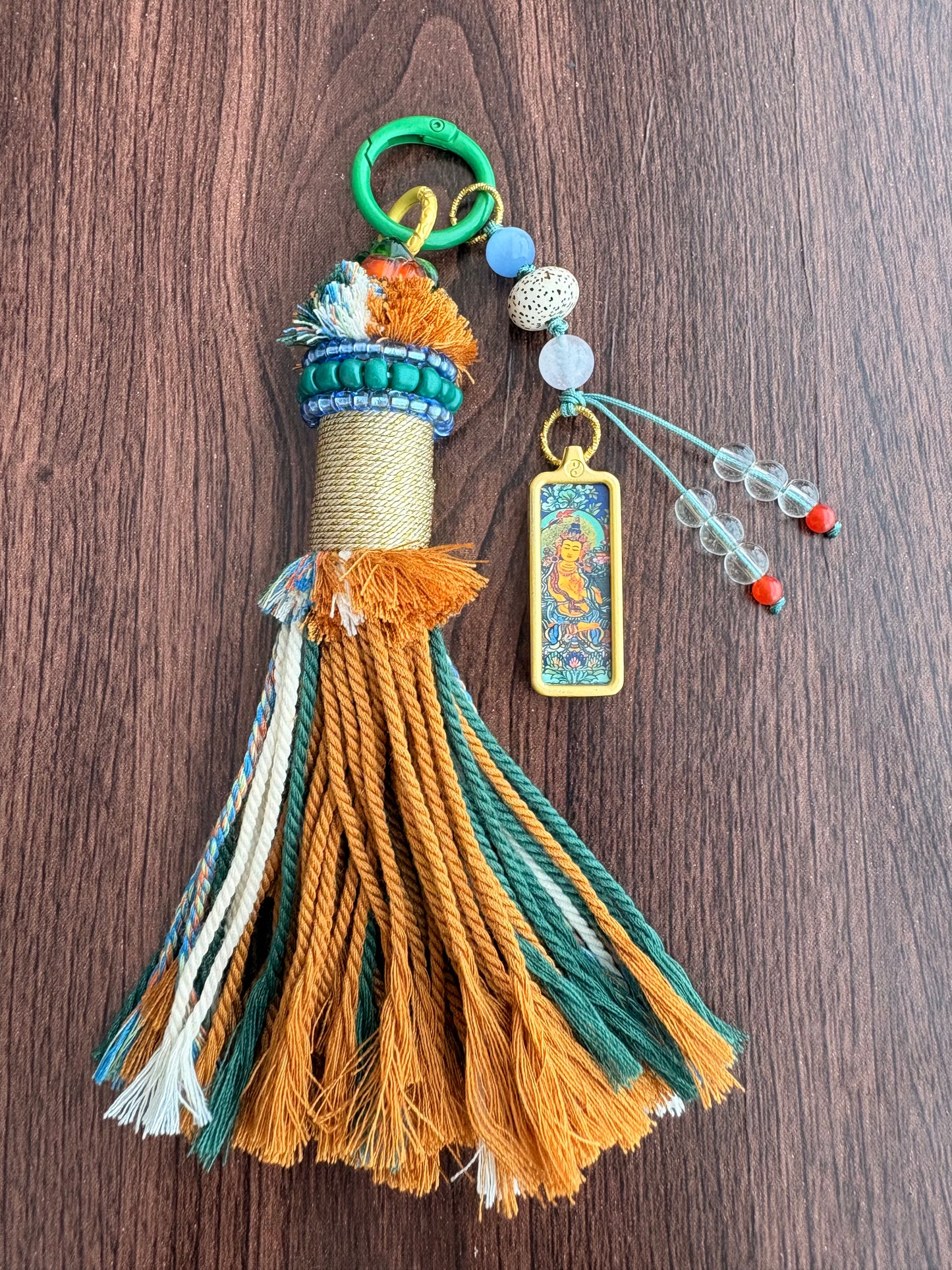 Small Victory Banner Charm with Manjushri Bodhisattva Thangka Tassel in Tibetan Brown