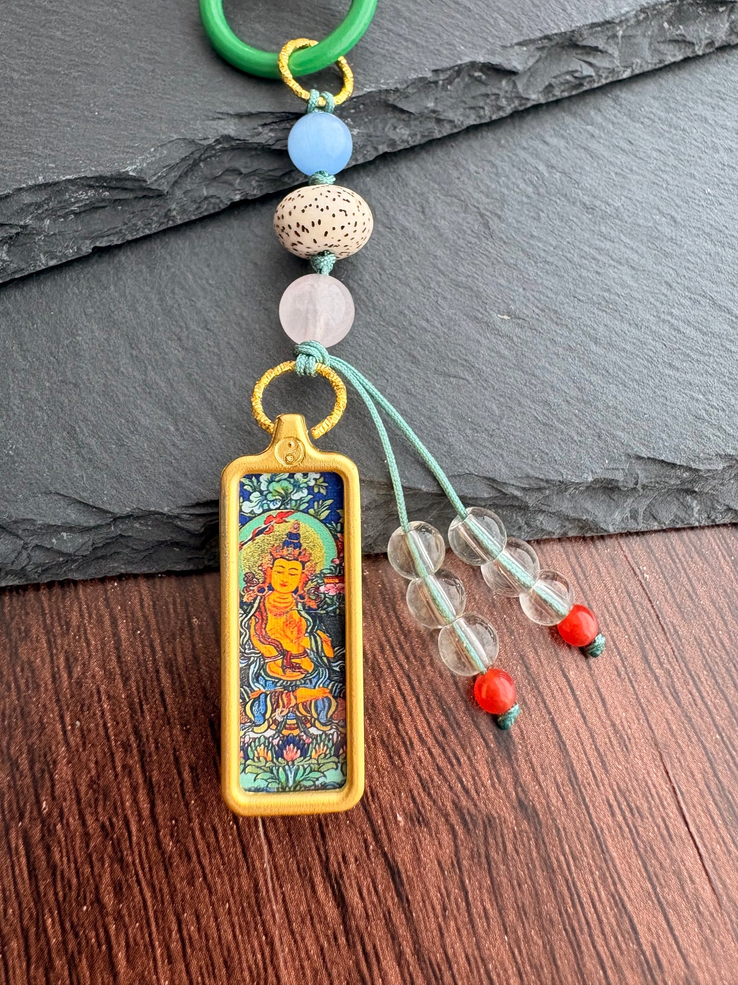Small Victory Banner Charm with Manjushri Bodhisattva Thangka Tassel in Tibetan Brown